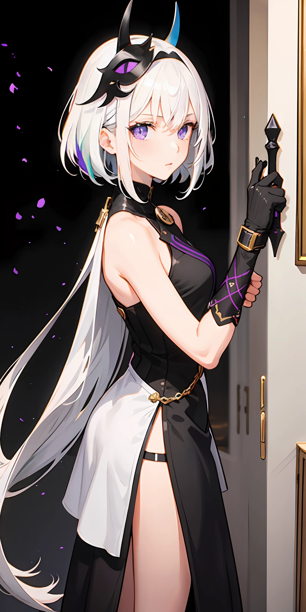 1girl,White hair,O cabelo multicolorido,Purple eye,Wear a mask on your head,Sideslit,light particules,the wallpaper,holding a longsword