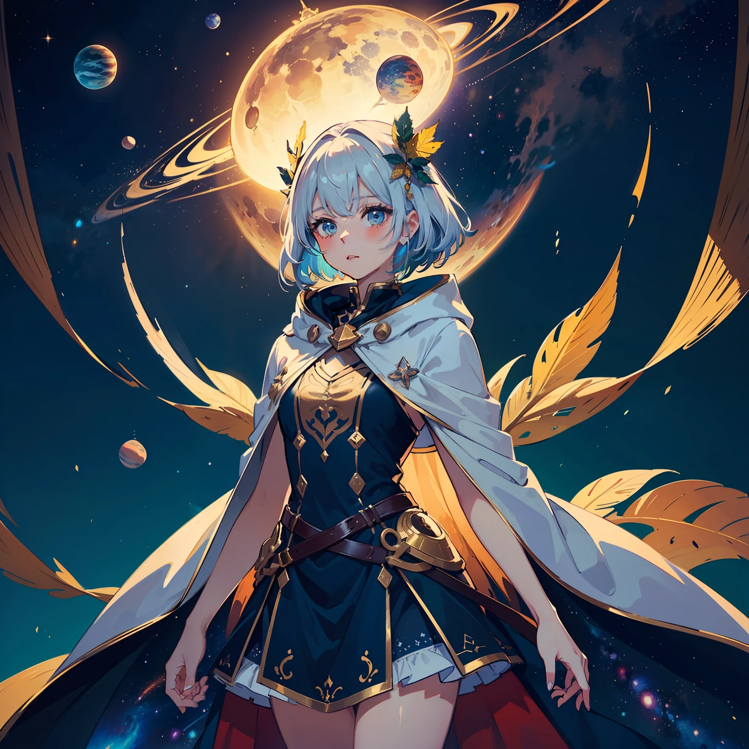 ((best quality)), ((masterpiece)), ((ultra-detailed)), (illustration), (detailed light), (an extremely delicate and beautiful),((a cute girl:1.2)),((cowboy shot)),standding,Starry sky adorns beautiful detailed dress,Cloak,golden {leaf-shape} headdress around two sides of head,(beautiful eyes),floating silver hair, colored inner hair,(Galaxy),(colorful (planets:1.1)),Negative space,background detailed