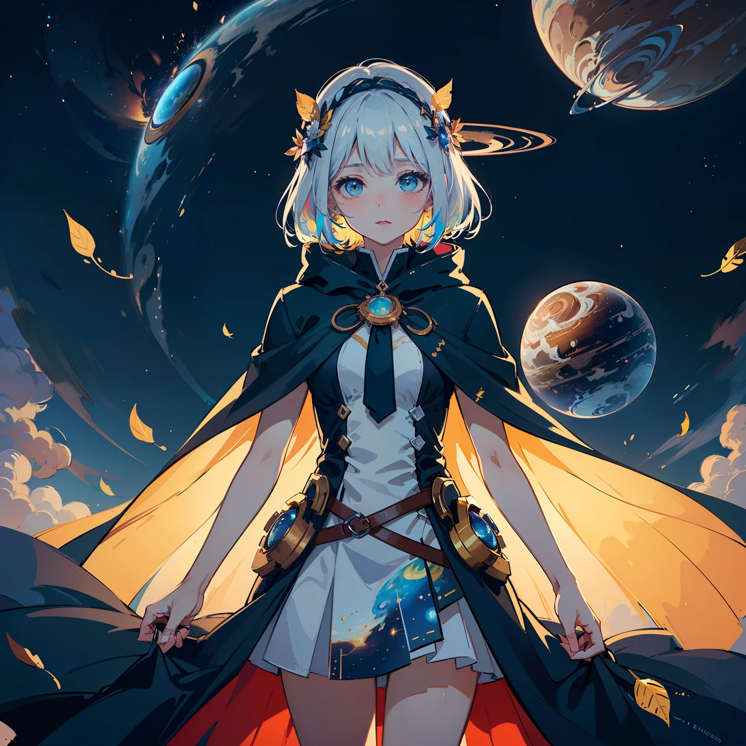 ((best quality)), ((masterpiece)), ((ultra-detailed)), (illustration), (detailed light), (an extremely delicate and beautiful),((a cute girl:1.2)),((cowboy shot)),standding,Starry sky adorns beautiful detailed dress,Cloak,golden {leaf-shape} headdress around two sides of head,(beautiful eyes),floating silver hair, colored inner hair,(Galaxy),(colorful (planets:1.1)),Negative space,background detailed