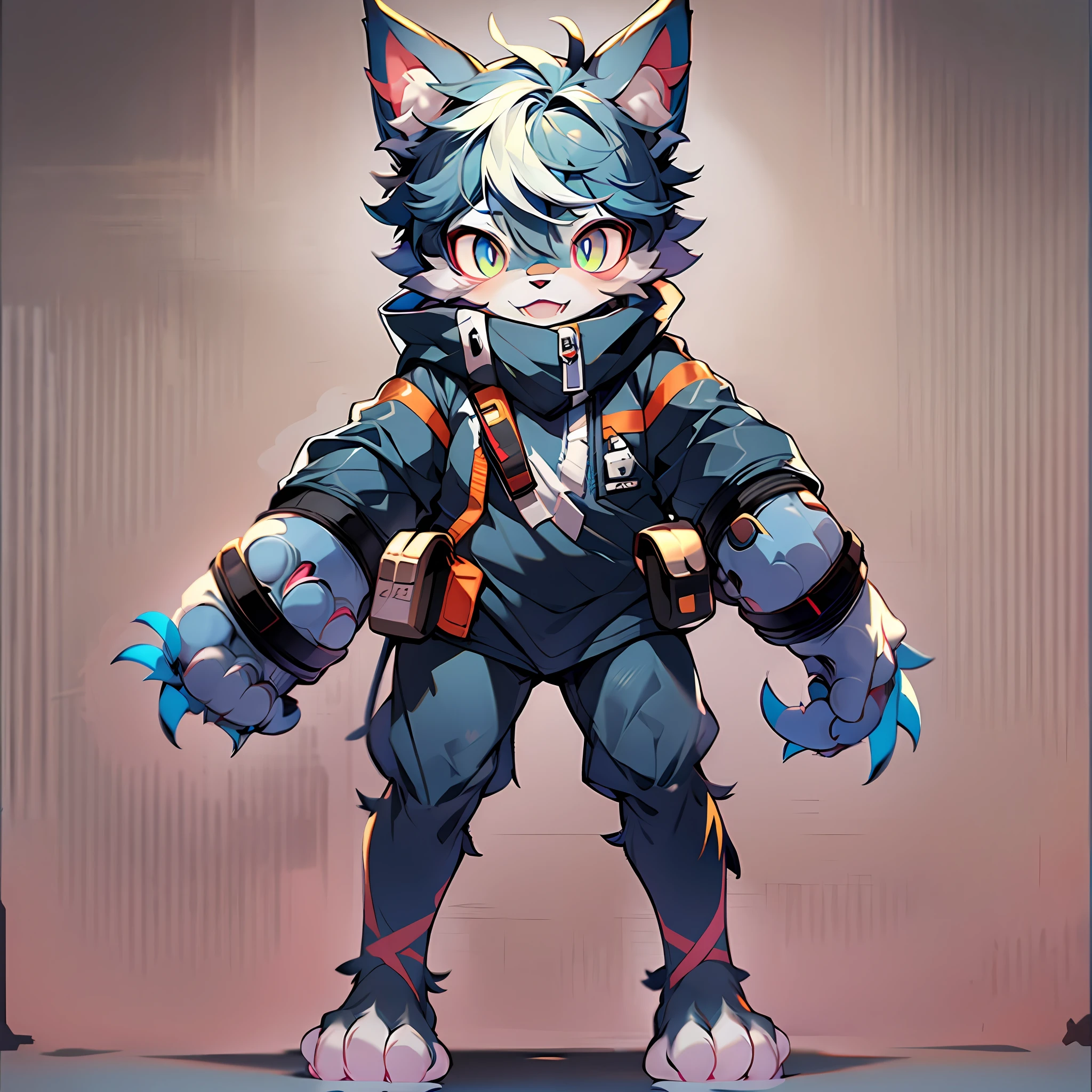 Furry cat Forelimb hands Hindlimb leg and foot Standing Shota ********** Overall blue Right eye mechanical right eye Full body with pink flesh pad Eyes pupil blue Furry No clothing Two ears Cyberwind