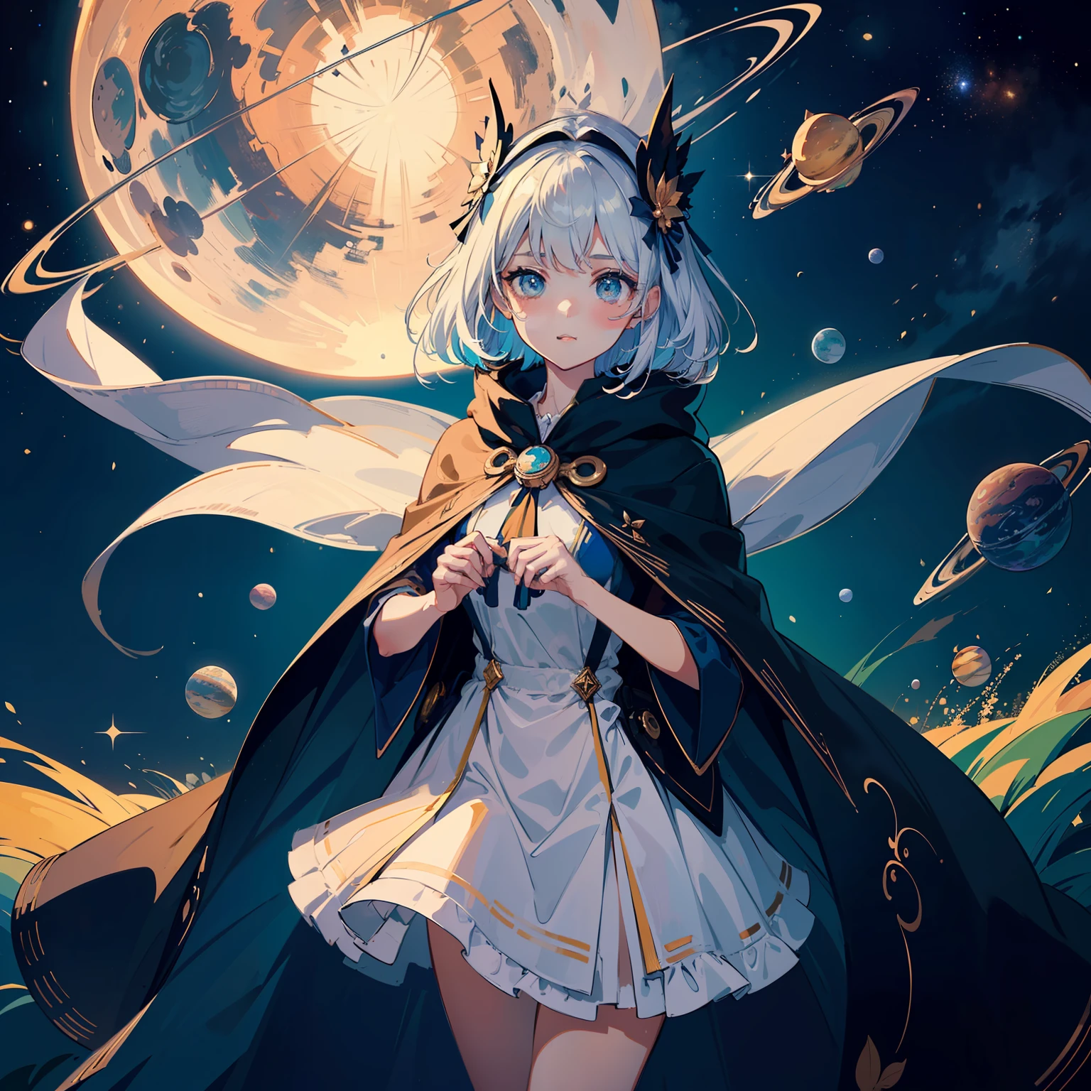 ((best quality)), ((masterpiece)), ((ultra-detailed)), (illustration), (detailed light), (an extremely delicate and beautiful),((a cute girl:1.2)),((cowboy shot)),standding,Starry sky adorns beautiful detailed dress,Cloak,golden {leaf-shape} headdress around two sides of head,(beautiful eyes),floating silver hair, colored inner hair,(Galaxy),(colorful (planets:1.1)),Negative space,background detailed