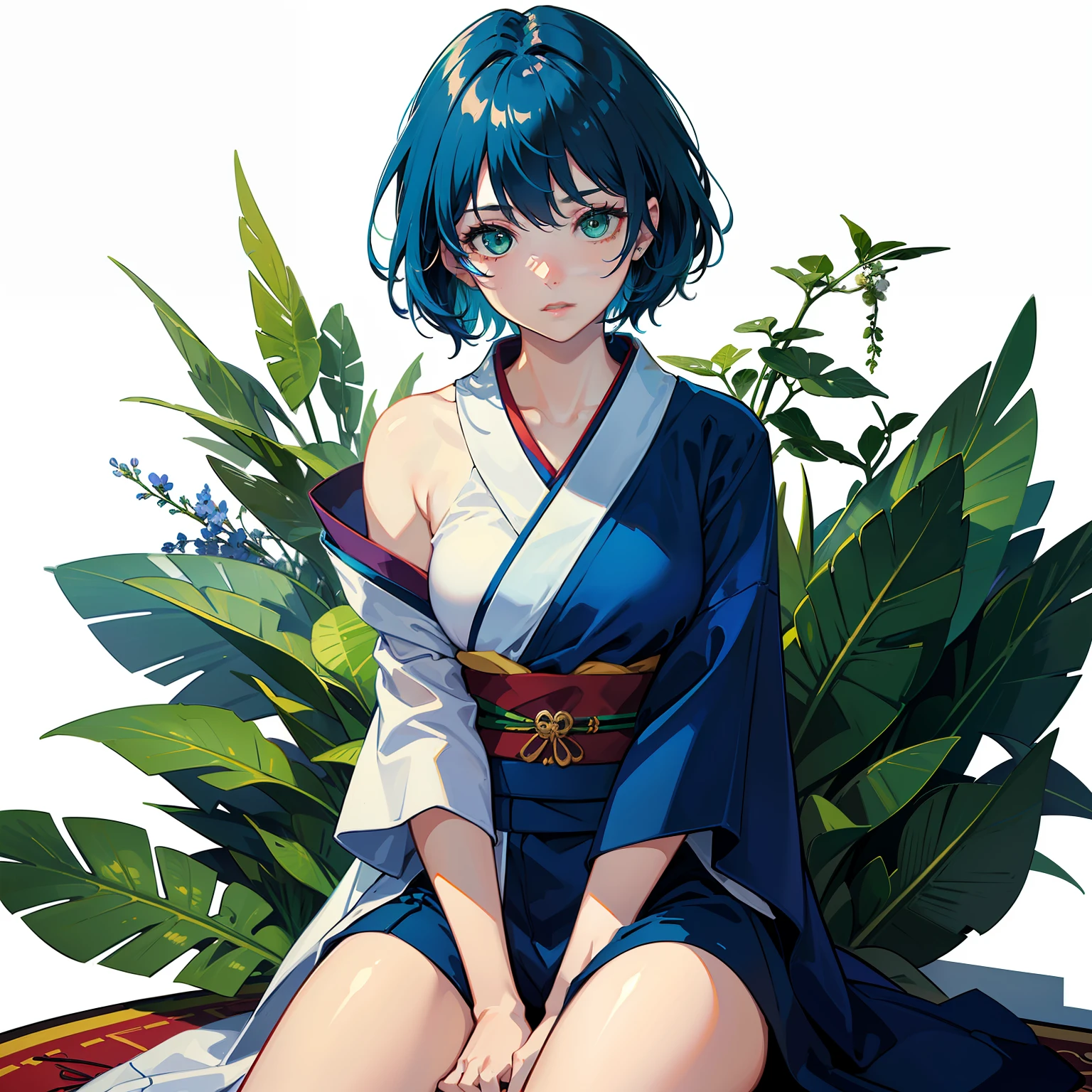 [(white background:1.5)::5], hexagon,masterpiece, (best quality), ((1girl)),young,upper body,((blue hair)),((green eyes)),(((hand between legs))),short hair,expressive hair,short kimono,perfect hands,game cg,absurdres, wallpaper, illustration