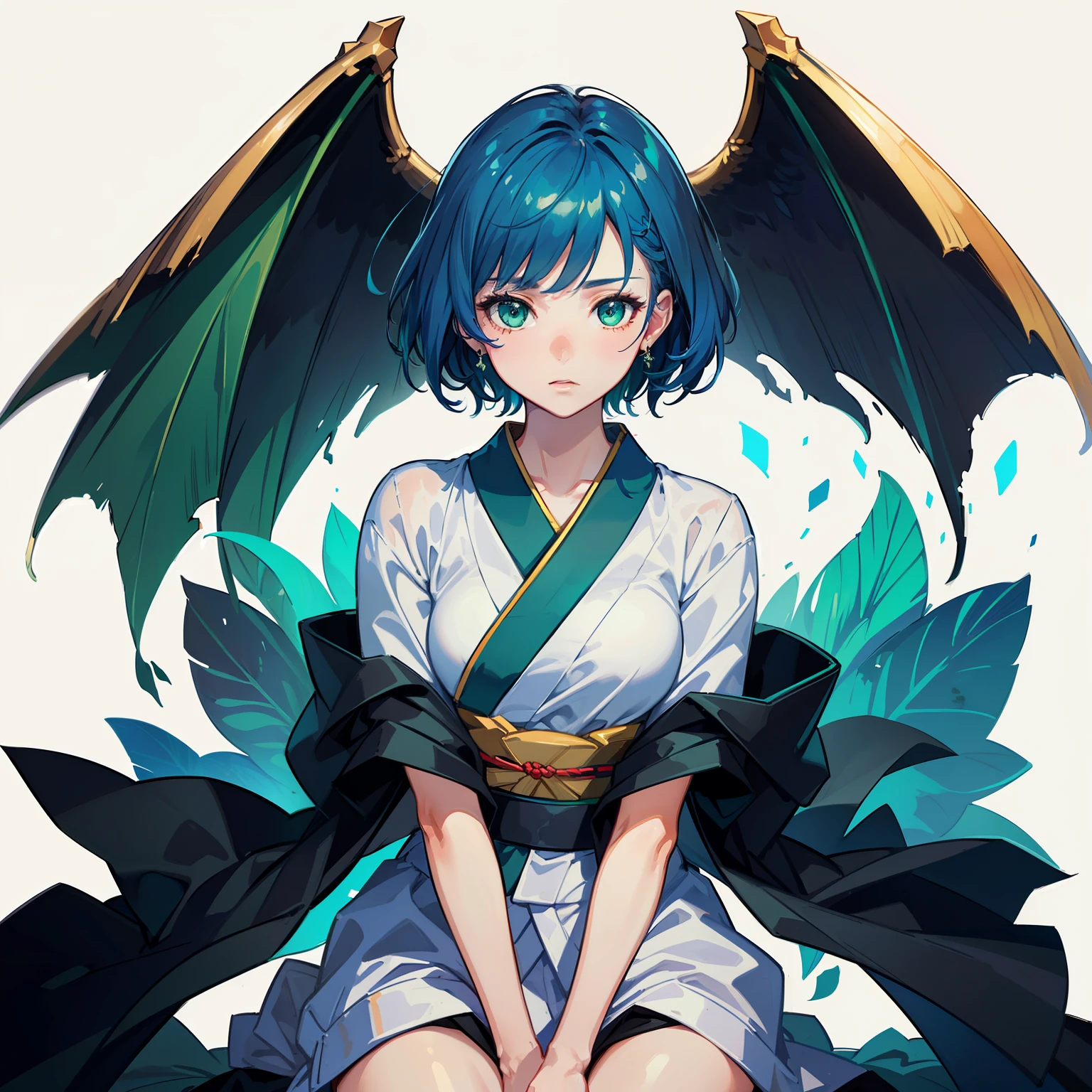 [(white background:1.5)::5], hexagon,masterpiece, (best quality), ((1girl)),young,upper body,((blue hair)),((green eyes)),(((hand between legs))),short hair,expressive hair,short kimono,perfect hands,game cg,absurdres, wallpaper, illustration