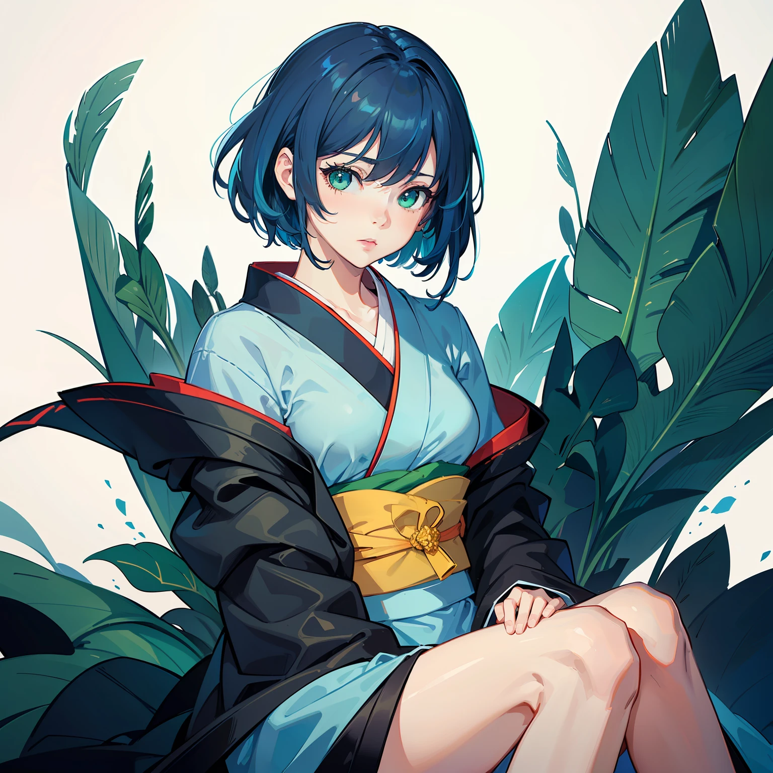 [(white background:1.5)::5], hexagon,masterpiece, (best quality), ((1girl)),young,upper body,((blue hair)),((green eyes)),(((hand between legs))),short hair,expressive hair,short kimono,perfect hands,game cg,absurdres, wallpaper, illustration