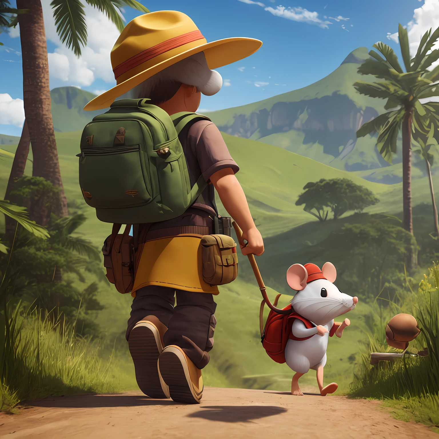 There's a cartoon mouse with a hat and a backpack heading toward the horizon, aventura render hiper realista, Rato na floresta, indo embora, bonito 3 d render, 3 d character render, anthropomorphic mouse, rolands zilvinskis 3d render art, ultra realistic 3d illustration, Anthropomorphic time 3D, 3 d render stylized, realistic fantasy rendering, amadilha para pegar pombos no caminho, queijo na armadilha --auto