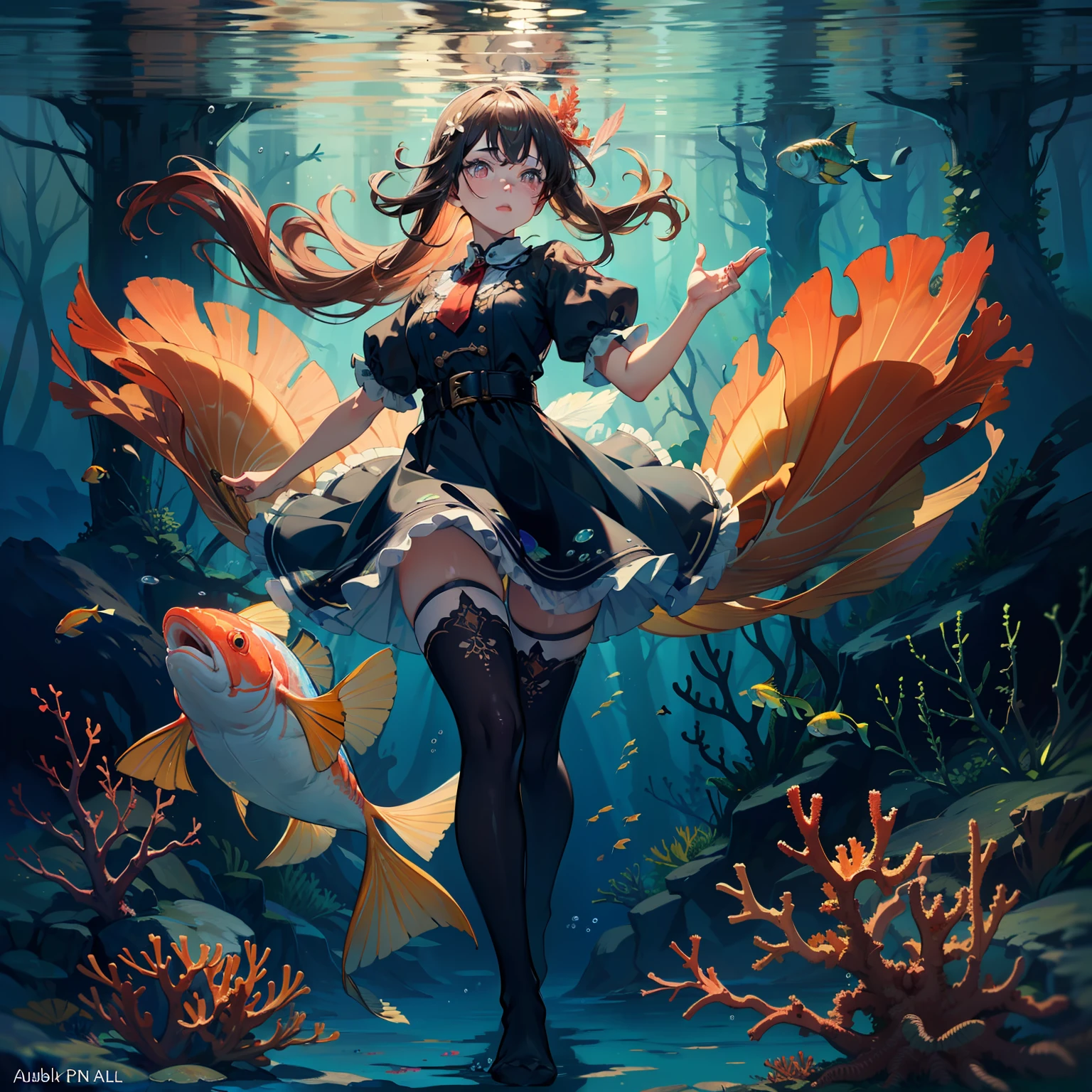 (masterpiece), (best quality), (official art, extremely detailed CG unity 8k wallpaper), (highly detailed), ((absurdres)), 1girl, mid shot, full body, (exquisite facial features), ((sfw)), ((white thighhighs without shoes)),flower-shaped pupils, color contact lenses, ((underwater)),(beautiful detailed water),((coral)),dynamic angle, floating,(detailed light),floating hair,(splash),((fishes)),leaves dress, feather, nature,(sunlight),(underwater forest),(bloom),(detailed glow),drenched, seaweed, fish,(((Tyndall effect)))