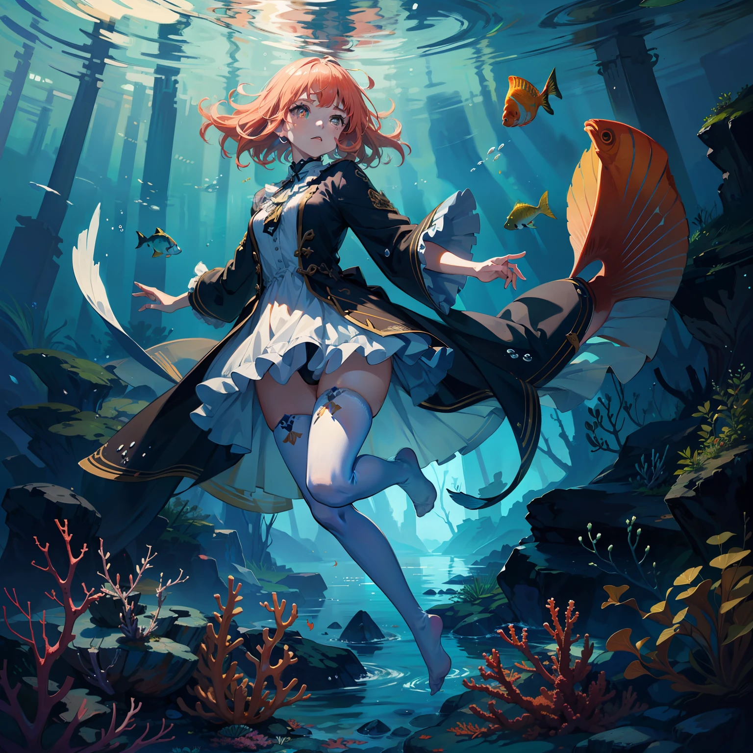 (masterpiece), (best quality), (official art, extremely detailed CG unity 8k wallpaper), (highly detailed), ((absurdres)), 1girl, mid shot, full body, (exquisite facial features), ((sfw)), ((white thighhighs without shoes)),flower-shaped pupils, color contact lenses, ((underwater)),(beautiful detailed water),((coral)),dynamic angle, floating,(detailed light),floating hair,(splash),((fishes)),leaves dress, feather, nature,(sunlight),(underwater forest),(bloom),(detailed glow),drenched, seaweed, fish,(((Tyndall effect)))