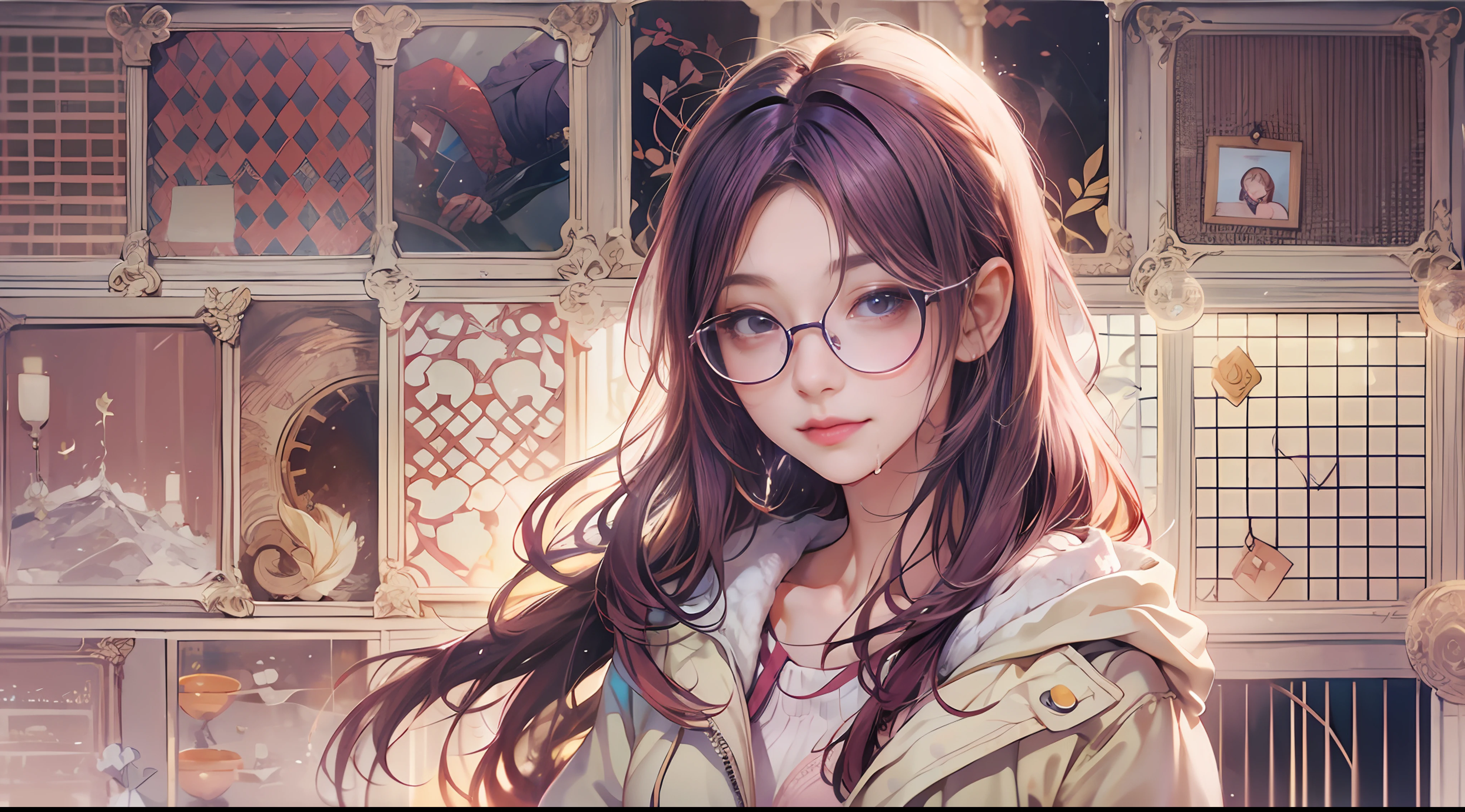 8K, RAW photos, best qualtiy, 超高分辨率, style of anime,(Cream buttocks 1.2),(Beautiful high school student 1.2),eye glass,Maroon hair,Light smile,Black fishnet stockings,Changing clothes,nakeness,Sweat liquid residue,slender leg,beauty breast ,(A woman 1.2),Wallpaper level