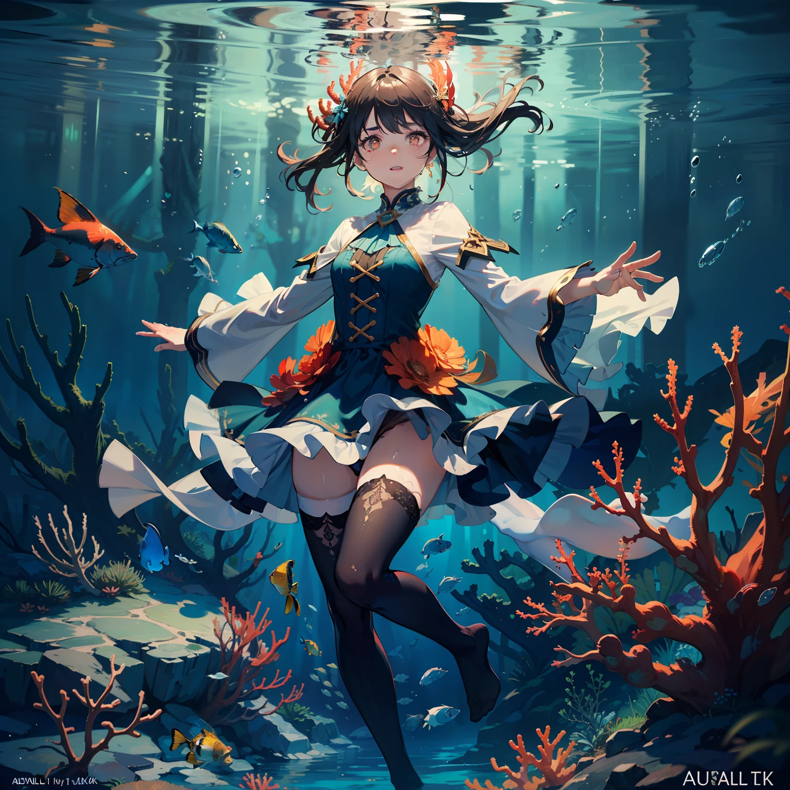 (masterpiece), (best quality), (official art, extremely detailed CG unity 8k wallpaper), (highly detailed), ((absurdres)), 1girl, mid shot, full body, (exquisite facial features), ((sfw)), ((white thighhighs without shoes)),flower-shaped pupils, color contact lenses, ((underwater)),(beautiful detailed water),((coral)),dynamic angle, floating,(detailed light),floating hair,(splash),((fishes)),leaves dress, feather, nature,(sunlight),(underwater forest),(bloom),(detailed glow),drenched, seaweed, fish,(((Tyndall effect)))