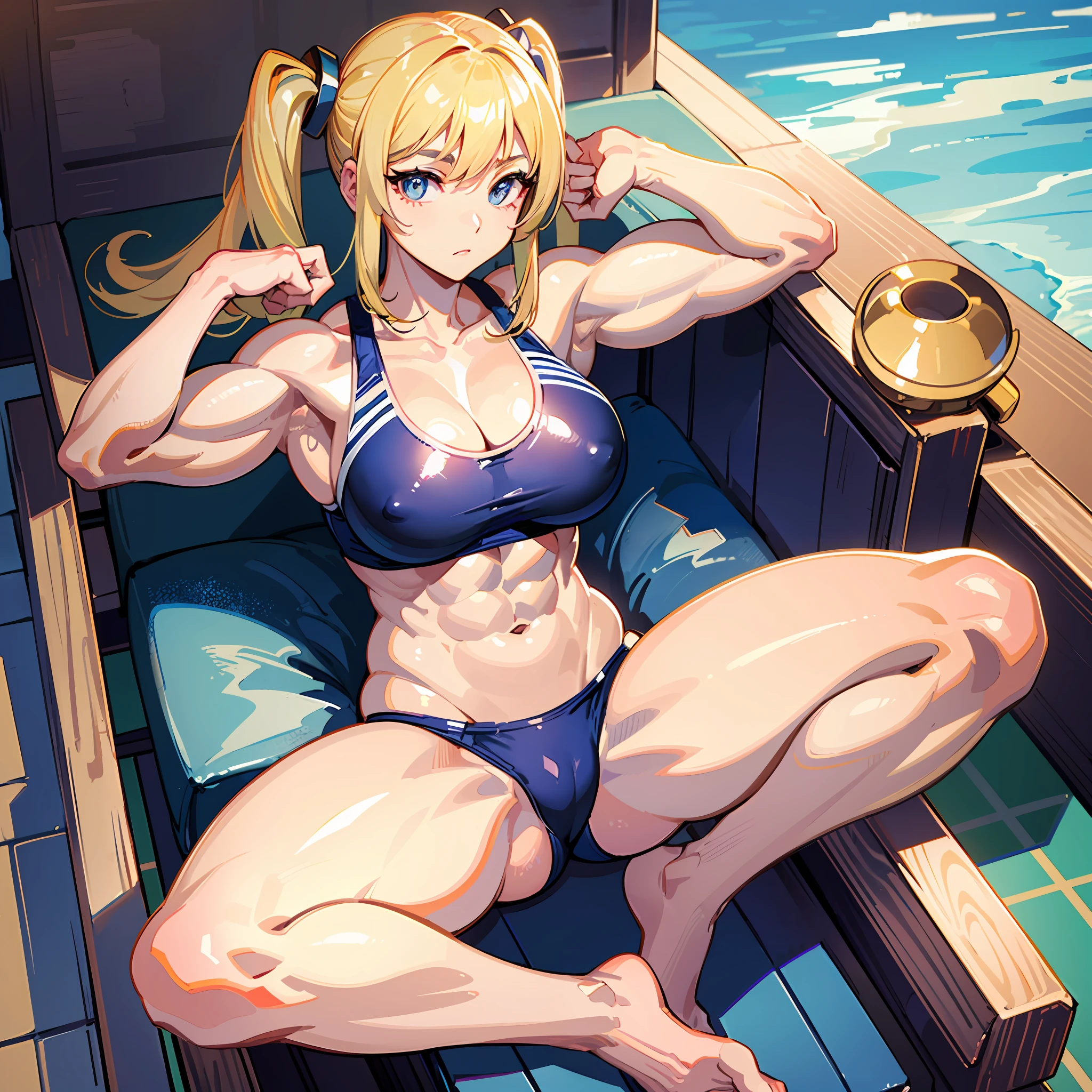 ((masterpiece))、((Top image quality))、((top-quality))、(((Illustration of one woman)))、(((Muscle Girl)))、full body Esbian、((30-years old))、((neuter))、((Blonde twintails))、Light golden eyes、((Long body))、(((Muscular and strong body)))、(((Muscular and strong body)))、((Split abs))、(((muscular and thick arms)))、(((muscular and thick legs)))、((manspreading))、((Sports Swimwear))、Sitting on a deck chair、in poolside