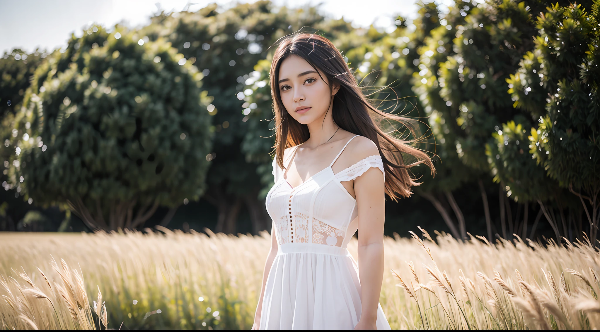 una mujer hermosa,23 years old,Stand in a vast wheat field,Cabello largo y rosado,Hair is messy and fluttering,ojos verdes,(Cuerpo Completosbian),(Bruja del Cielo:1.5),Diosa de la belleza alta y delgada,((Un vestido rojo de manga larga)),ChiCa Conservadora,Diosa de las nubes,Tejido realista que fluye,Luz de borde,(Desmayos de pelo largo:1.5),Mejor Calidad,tmasterpieCe,(ultrahigh resolution),(Realista:1.4),delgado,(pieles brillantes),(La Cara de la mujer mira haCia el Cielo),Moda superior,phtograph,(Cara hermosa:1.1),Un ojo detallado,labios deliCiosos,Profundidad de Campos、Bokeh,autor(James S. C. Christensen:1.2|JeremyLipking:1.1),oCtano,Las Estrellas,Starrysky,la noChe,Cielo CerCano,solo,exteriores,galactic