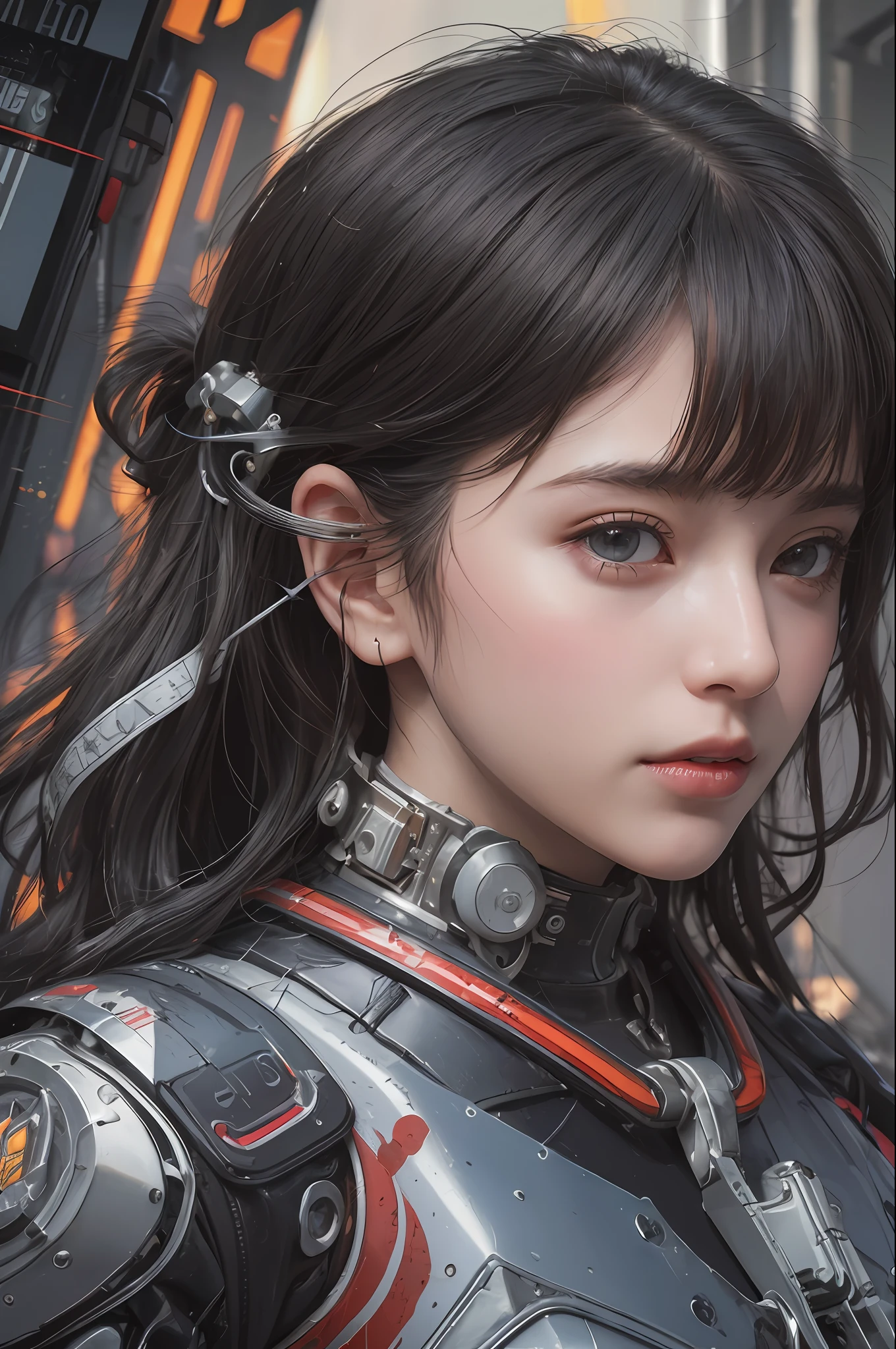 Top Quality, Masterpiece, Ultra High Resolution, (Photorealistic: 1.4), Raw Photo, 1 cyberpunk Girl, Black Hair, Glossy Skin, 1 Mechanical Girl, (Ultra Realistic Detail)), Full body, Global Illumination, Contrast, Shadows, Octane Rendering, 8K, Ultra Sharp, Cleavage Exposed, Raw Skin, Metal, Intricate Ornament Details, Japan Details, Very intricate details, realistic light, CGSoation trend, facing the camera, neon details, mechanical limbs, blood vessels connected to the tube, mechanical vertebrae attached to the back, mechanical cervical attachment to the neck, wires and cables connecting to the head, gundam, small LED lamps.