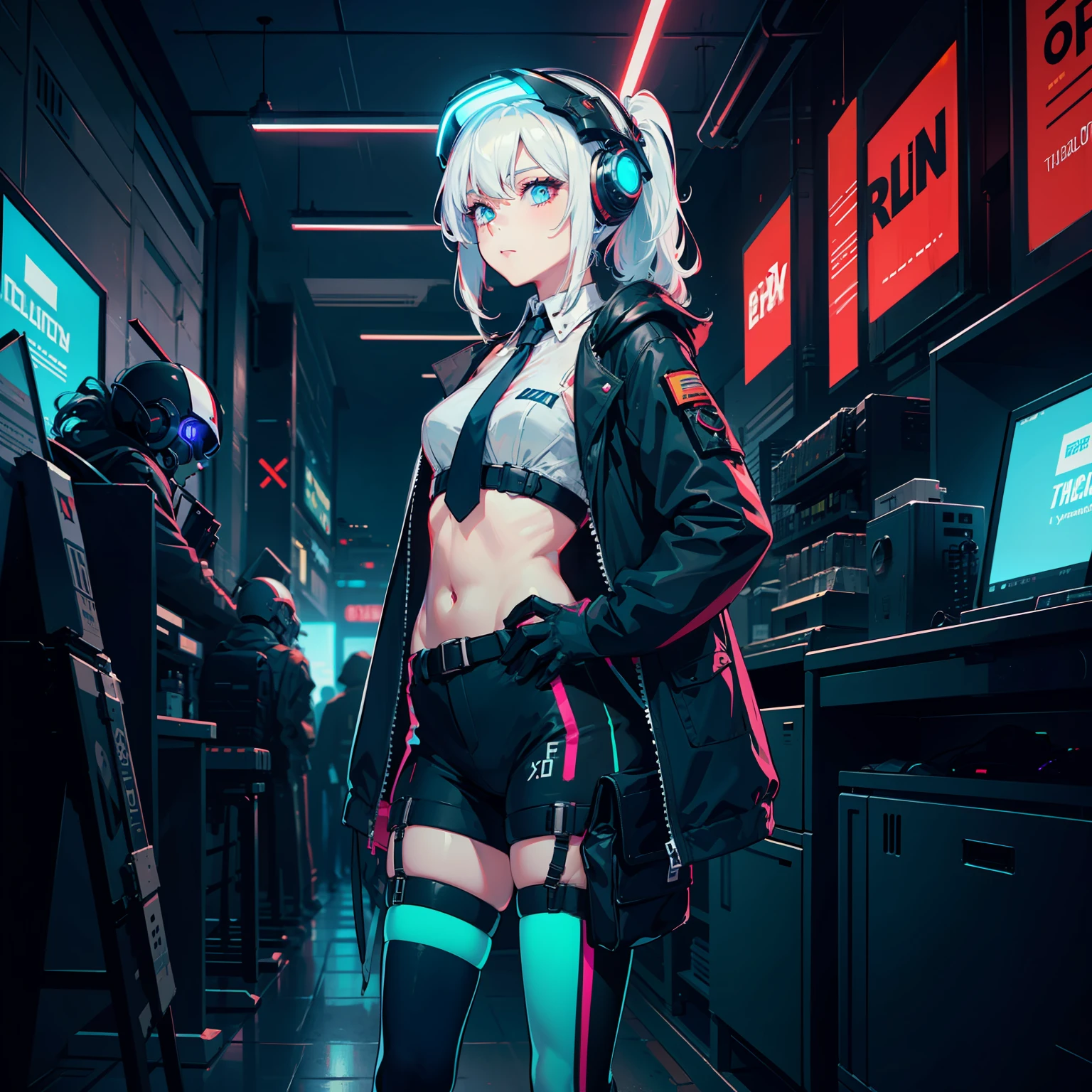 (flat color),(colorful),(masterpiece:1.2), best quality,
1girl, white hair, slightly curly hair, expressionless, ponytail,
mecha bodysuit, mecha museum, mechanical parts,robot joints, ((headgear)), cyberpunk, neon_trim, glowing neon lights,
open jacket,black sheer pantyhose, visible through (sheer crop top), shirt,
garter,necktie, navel,crossed arms ,
techwear jacket, with buckle and tape, black gloves, tactical vest,cyberhelmet,cyborg,(helmet)