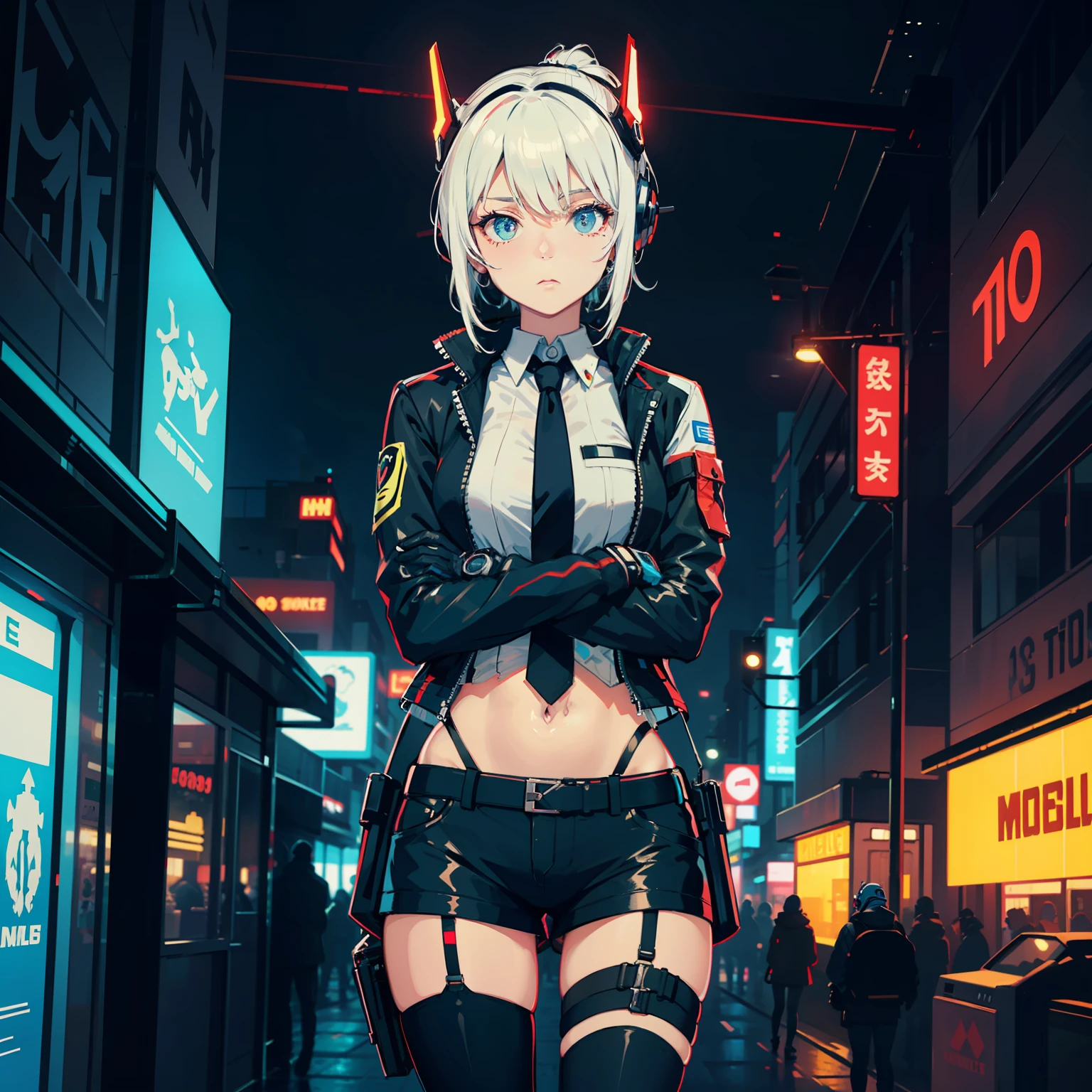 (flat color),(colorful),(masterpiece:1.2), best quality,
1girl, white hair, slightly curly hair, expressionless, ponytail,
mecha bodysuit, mecha museum, mechanical parts,robot joints, ((headgear)), cyberpunk, neon_trim, glowing neon lights,
open jacket,black sheer pantyhose, visible through (sheer crop top), shirt,
garter,necktie, navel,crossed arms ,
techwear jacket, with buckle and tape, black gloves, tactical vest,cyberhelmet,cyborg,(helmet)