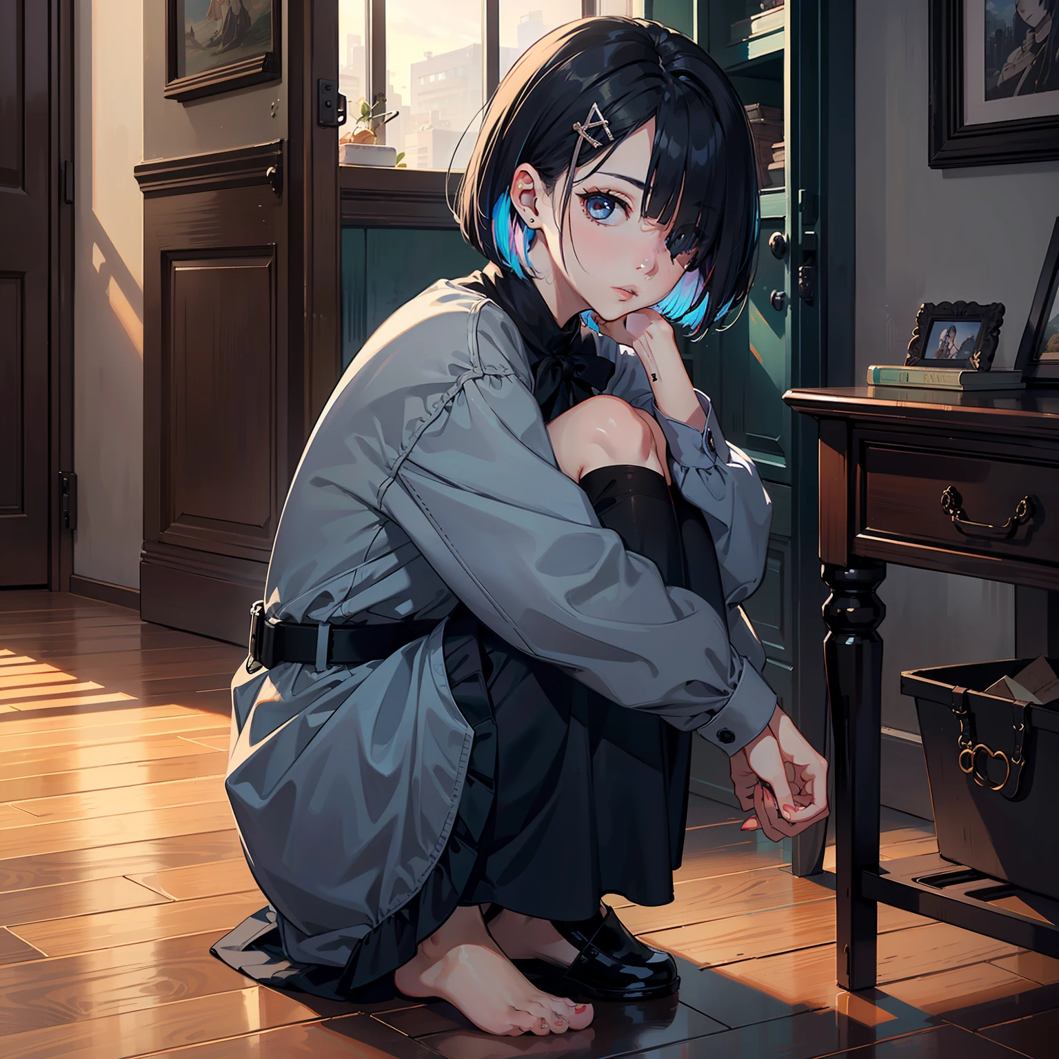 (8k,ultra high res, (best quality, extremely detailed CG, masterpiece):1.2) , (original),(very detailed wallpaper,very detailed illustrations) ,good composition, perfect detail ,raytracing, OCrenderer, bright coloured,highlydetailed, realistic lightingand shading, vivid color, cowboy shot,
1girl, solo, full body, head down, from side, (hugging own legs:1.1), black,hair, (eyes visible through hair:1.05), (hair over one eye:1.1), hair behind ear, (bob cut:1.1), long hair, expressionless, grey dress, long sleeves, x hair ornament, (parted lips:1.05), brown eyes, black legwear,no shoes,feet,
indoor, apartment, (ulzzang-6500:1.2), earnings