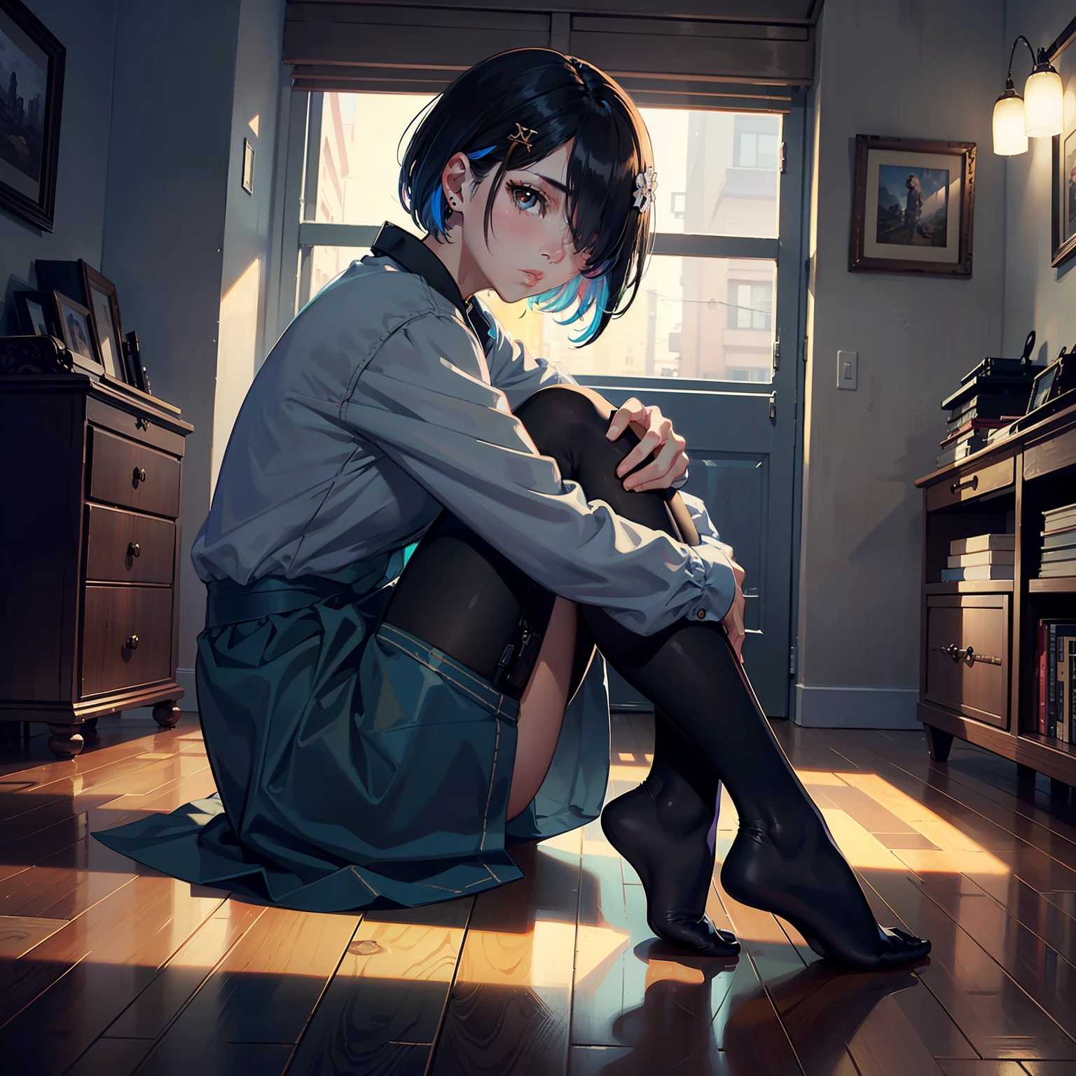 (8k,ultra high res, (best quality,  extremely detailed CG, masterpiece):1.2) , (original),(very detailed wallpaper,very detailed illustrations) ,good composition, perfect detail ,raytracing, OCrenderer, bright coloured,highlydetailed, realistic lightingand shading, vivid color, cowboy shot,
1girl, solo, full body, head down, from side, (hugging own legs:1.1), black,hair, (eyes visible through hair:1.05), (hair over one eye:1.1), hair behind ear, (bob cut:1.1), long hair, expressionless, grey dress, long sleeves, x hair ornament, (parted lips:1.05), brown eyes, black legwear,no shoes,feet, 
indoor, apartment,  (ulzzang-6500:1.2), earnings