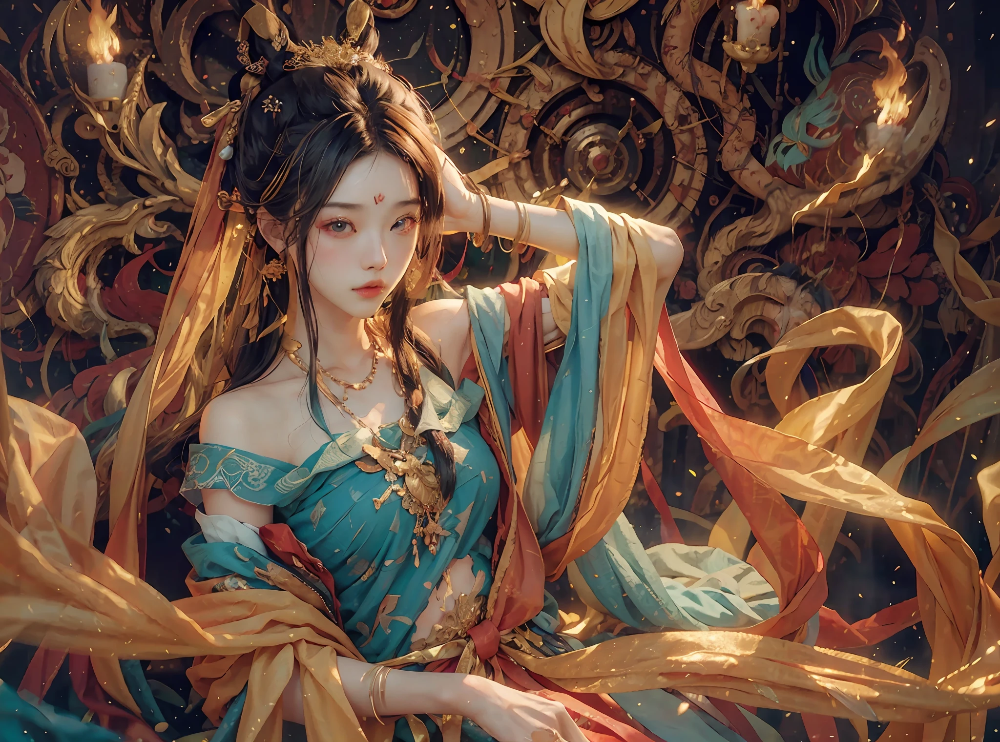 (RAW photo, best quality), (realistic, photo-realistic:1.3), best quality, highly detailed, masterpiece, ultra-detailed, illustration, 1girl, upper_body, beauty, world mastery theater, messy_long_hair,best quality, extremely detailed CG unity 8k壁纸，墨水，惊人，电影灯光，lens_flare，dunhuang_style