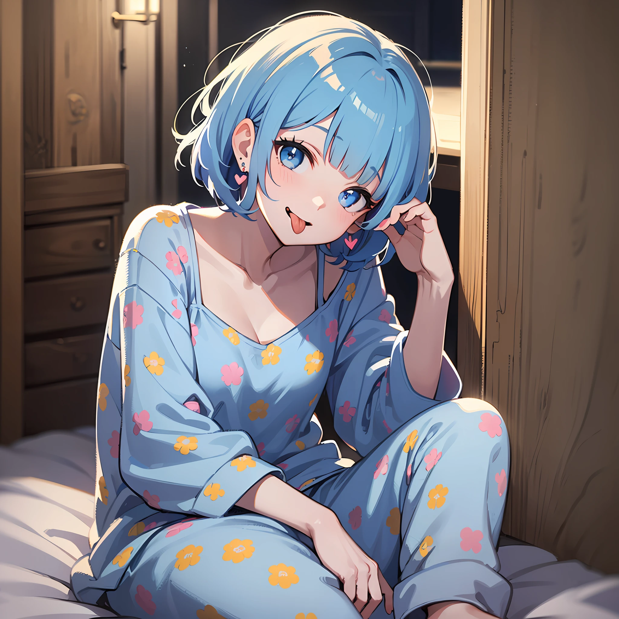 (masterpiece:1.3), (best quality:1.3), high resolution,
couboy shot,
head tilt, sitting,
(one cute girl:1.3), solo,
white skin, small Breast, eight-headed person,
light blue hair, (bobbed hair:1.2), short hair, (blunt bangs:1.2), beautiful hair, blue eyes, beautiful detailed eyes,
(tongue out:1.3), heart,
pyjamas, earrings,
outdoors, white room, bed,
shadowlighting,