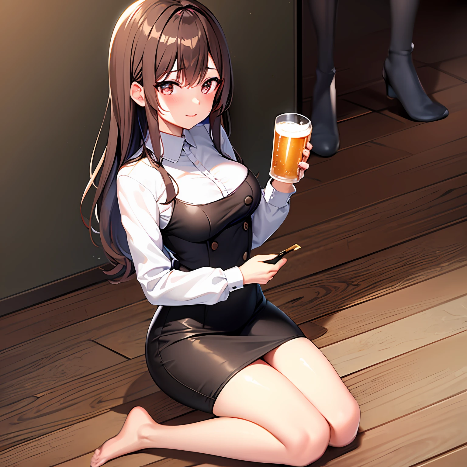 1girl in, Height 148cm, Bust 85cm, Waist 56cm, Hip 85cm, F-cup, 23years old, very baby face, brown-haired, semi long hair, Office Lady, White blouses, Knee-length black pencil skirt, Black pantyhose, Tavern background, banquet, Tatami room, {{{wariza}}}, Holding a glass of beer in your hand, ssmile, Flushing of cheeks, No shoes, Angle from the side