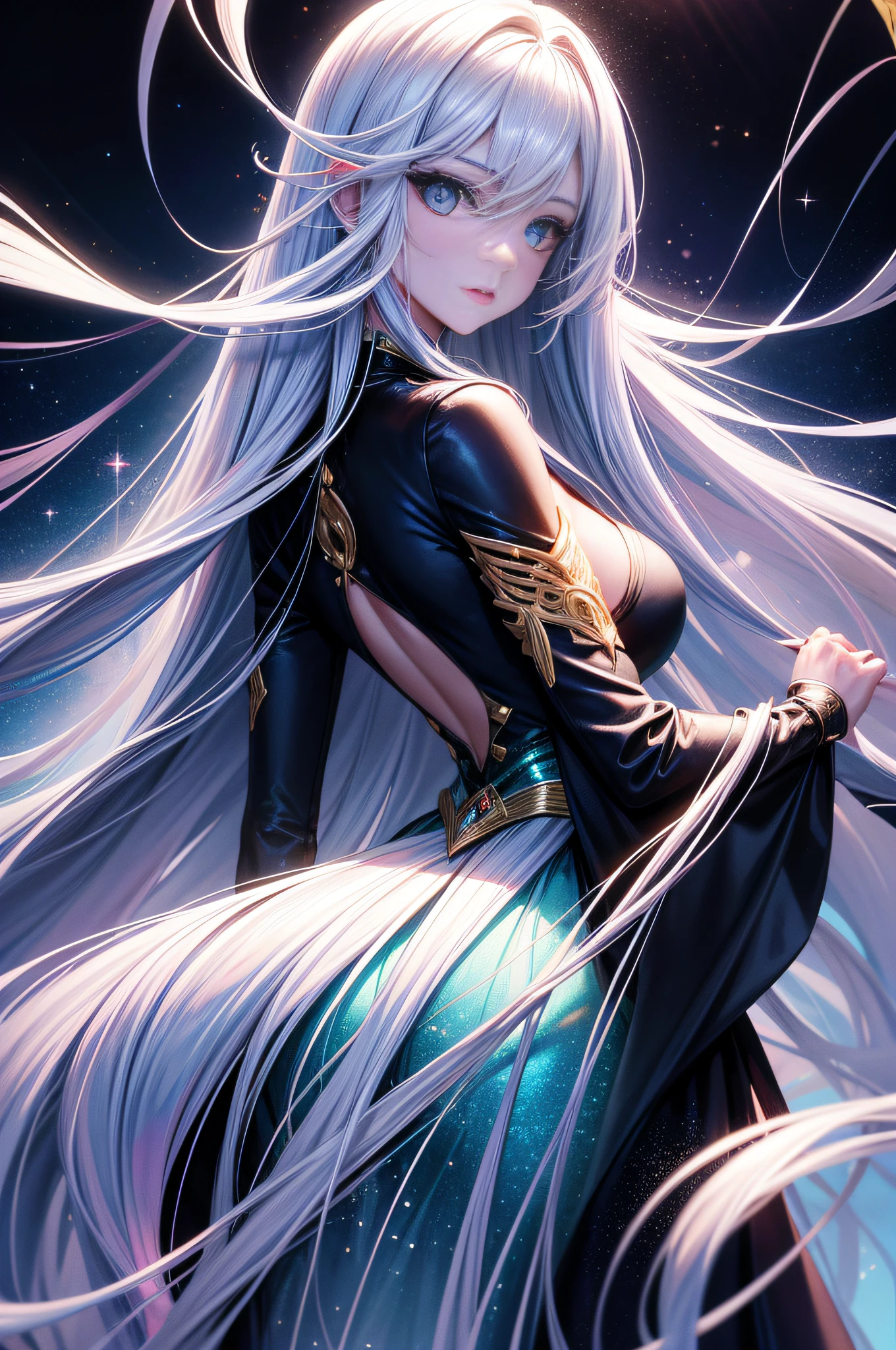 One very beautiful woman looking back at you, dressed like a fashion model, crazy long hair, shiny hair, expressive hair, crystal hair, gradient eyes, artistic, conceptual art, glitter effect , Glow, UHD, Retina, Masterpiece, Accurate, Anatomically Correct, Super Detailed, High Detail, Fine Skin