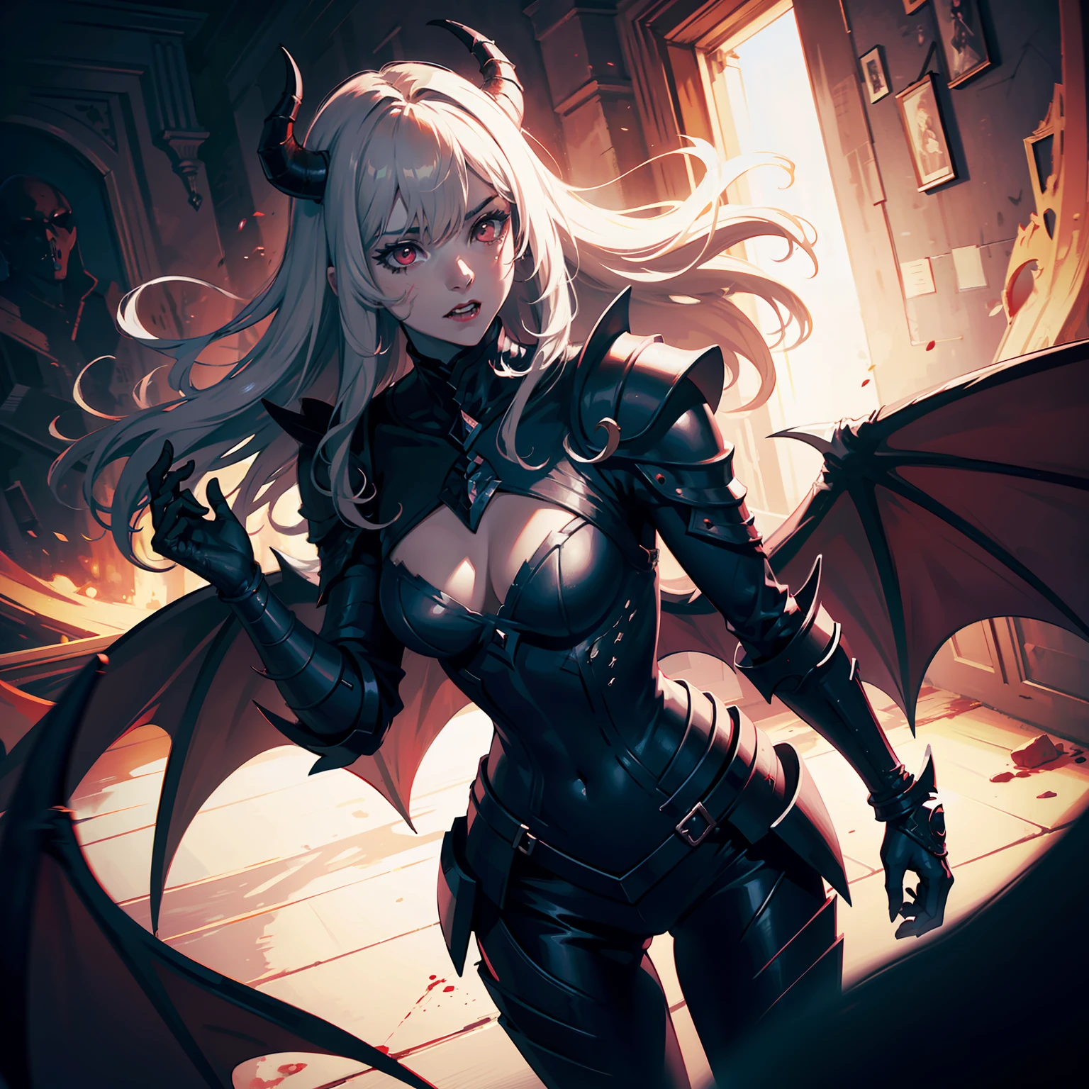 unparalleled masterpiece, ultra realistic 8k CG, perfect artwork, intricate details, best quality, acqa, faded light,high contrast, dynamic angle,
devil, demon king, female, armor, demon horns, blood, vampire,
void flame in hand in hand,