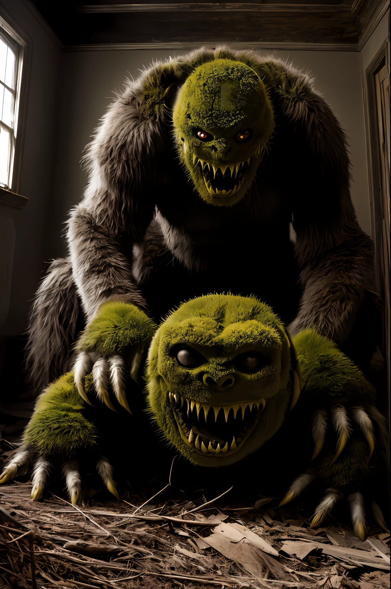 Monster With small eyes and the same number as seux dune spider the monster has a body obeys the monster is the size of a piece it is in an abandoned house