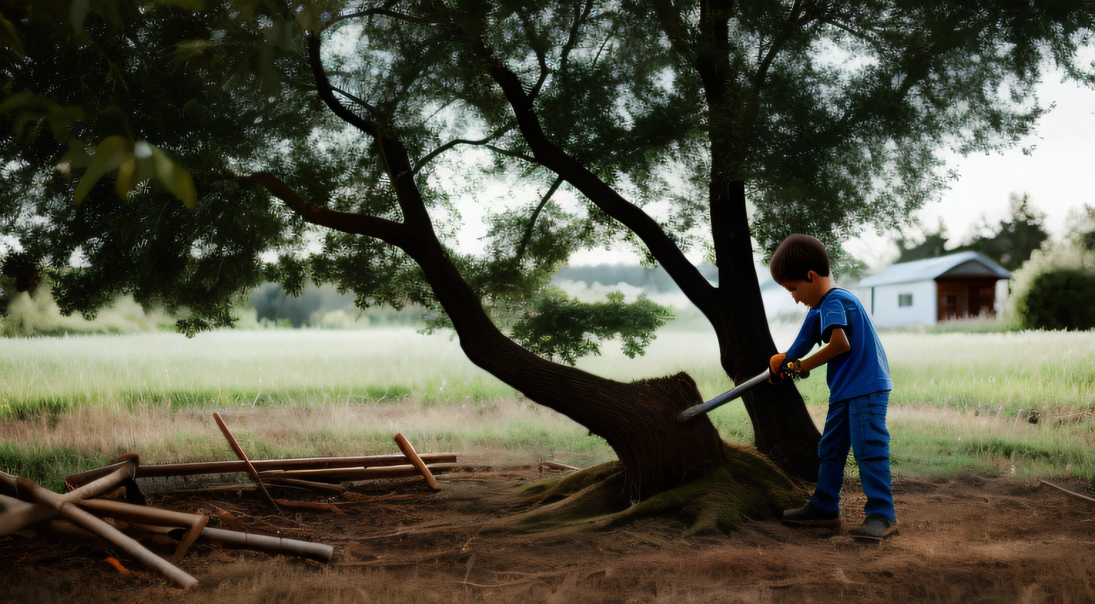 Boy with an axe cutting a tree