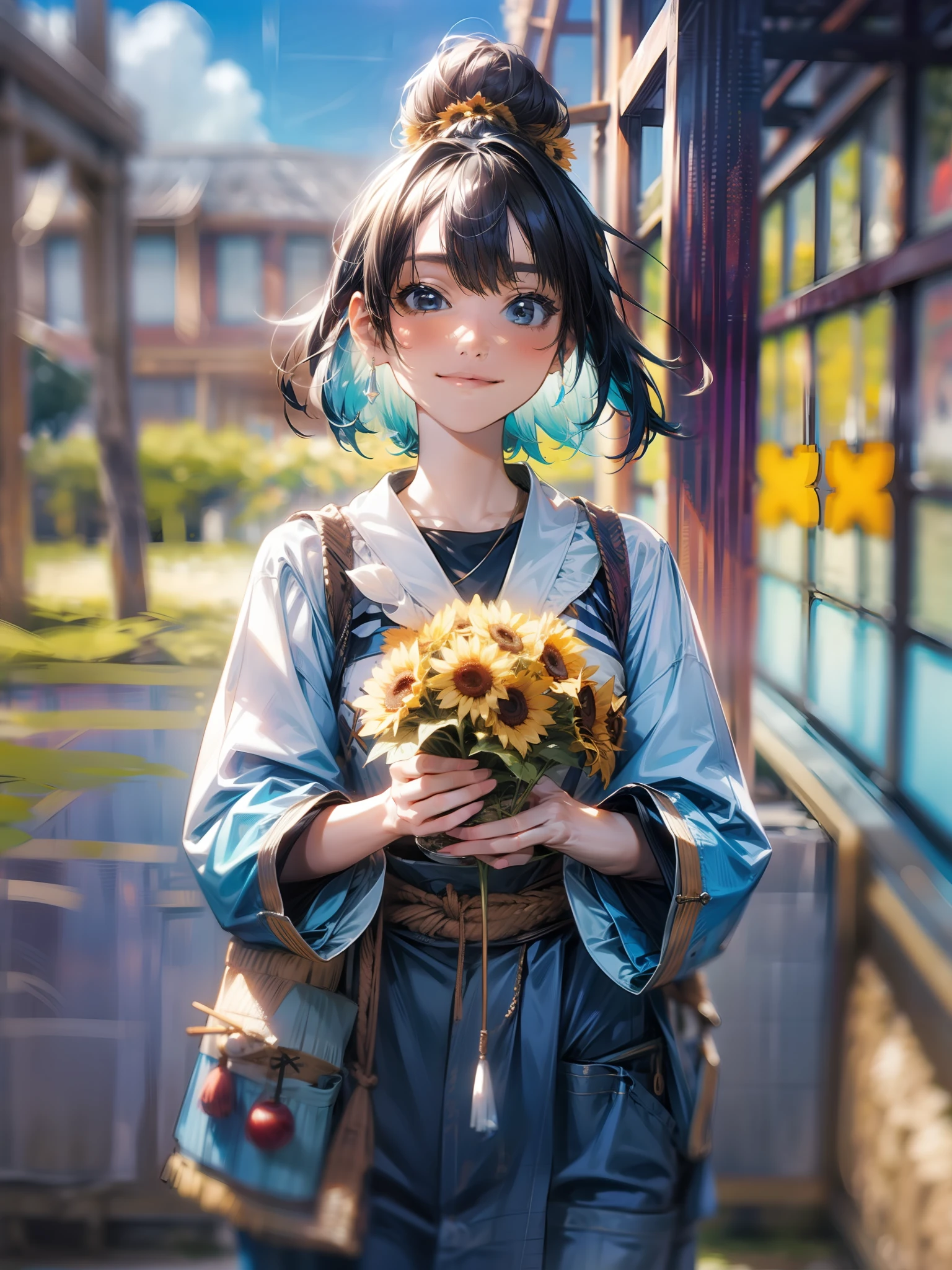 ((masterpiece)), best quality, ultra-detailed, an extremely delicate and beautiful scene, holding a large amount of sunflowers that hide the hands, bright and sunny ambiance, high contrast, warm colors