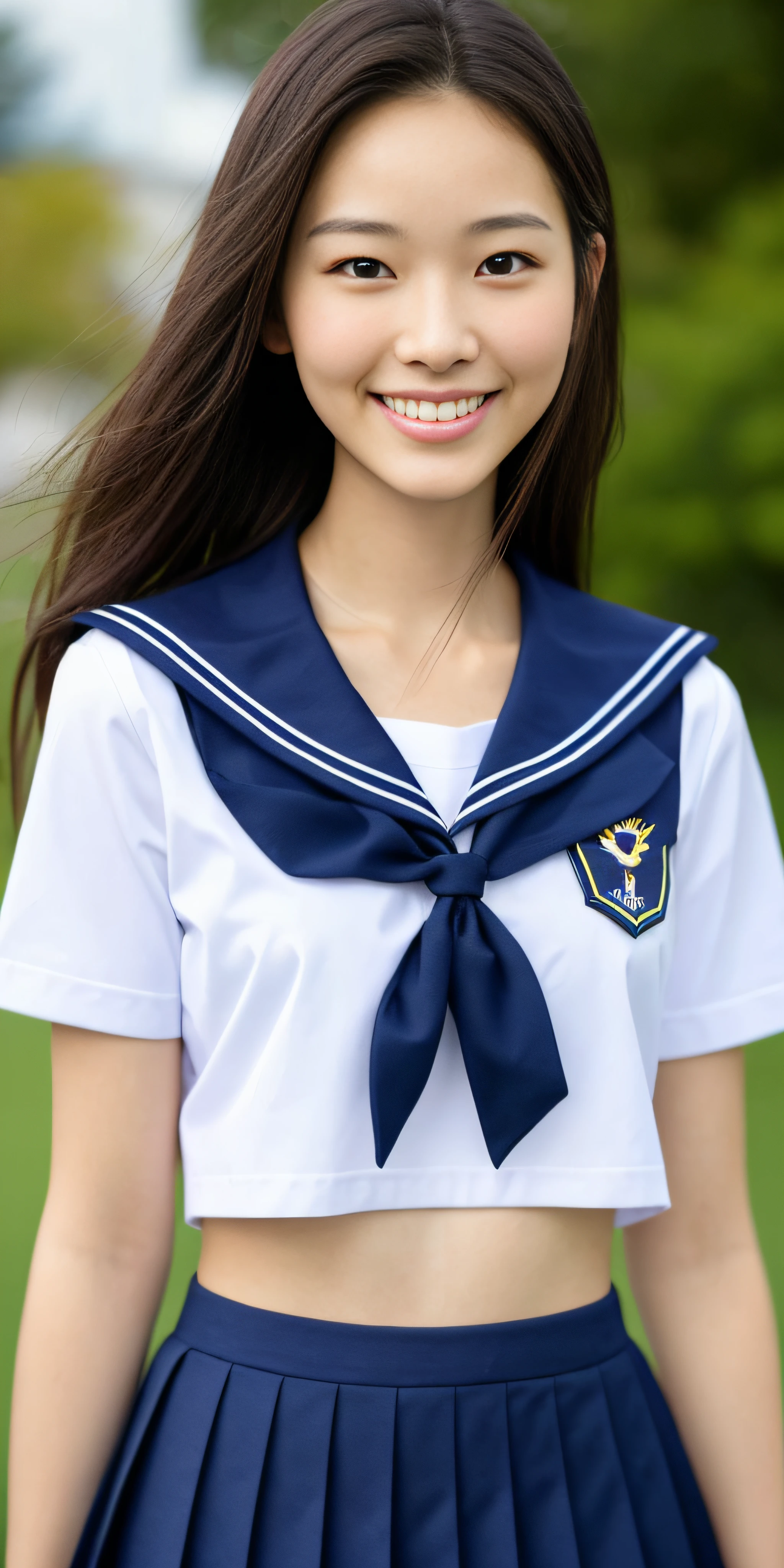 neat schoolgirl, (school uniform, sailor uniform, ribbon tied at chest, summer clothes, upper body white, skirt is navy blue), outside the athletic field, (slim), photorealistic, detail, skin texture, ultra detail, delicate and sexy collarbone, smile, super detailed face, detailed lips, detailed eyes, small breasts, small breasts, small, flat breasts, breast enhancement, light face