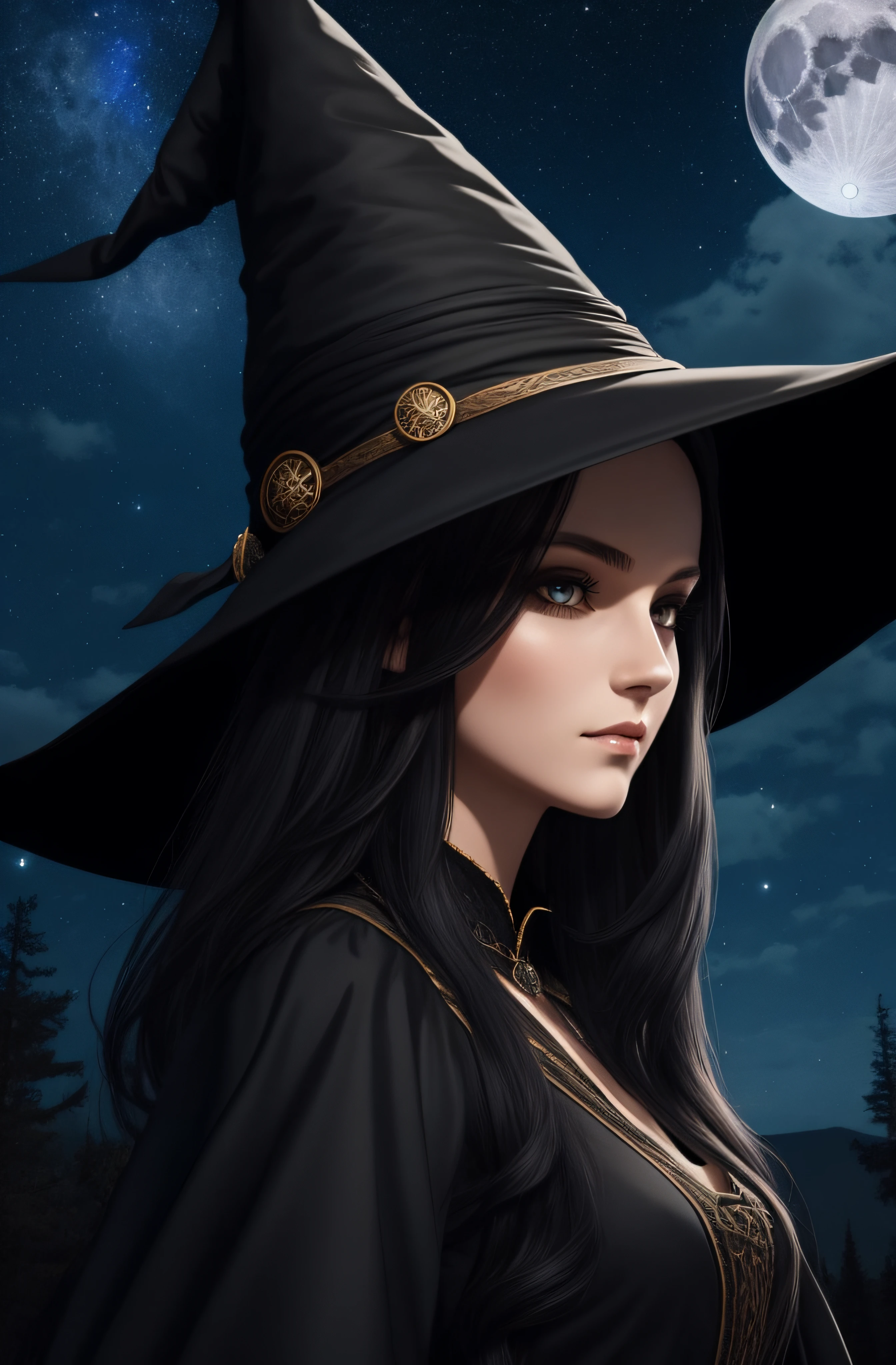 beautiful young female witch, long black hair, big black pointy witch hat, facing camera, night sky, full moon, highly detailed