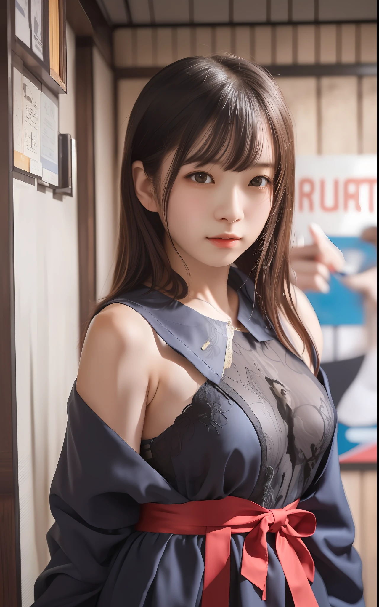 (8K、top-quality、​masterpiece、超A high resolution:1.2)、Photo of a cute Japanese woman、(A detailed face)、(long:1.6)、is standing、独奏、poster for、Naughty face、The upper part of the body、