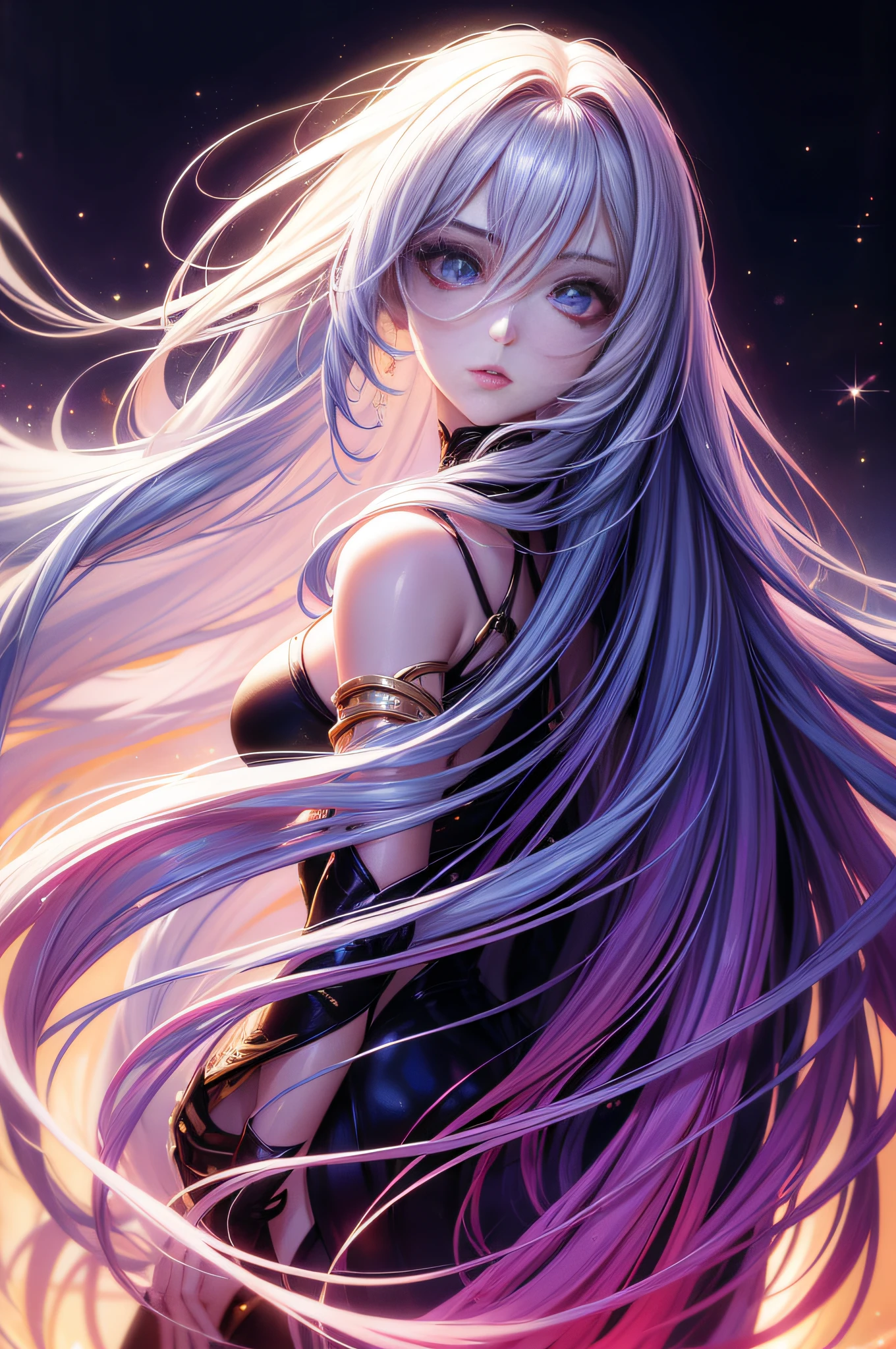One very beautiful woman looking back at you, dressed like a fashion model, crazy long hair, shiny hair, expressive hair, crystal hair, gradient eyes, artistic, conceptual art, glitter effect , Glow, UHD, Retina, Masterpiece, Accurate, Anatomically Correct, Super Detailed, High Detail, Fine Skin
