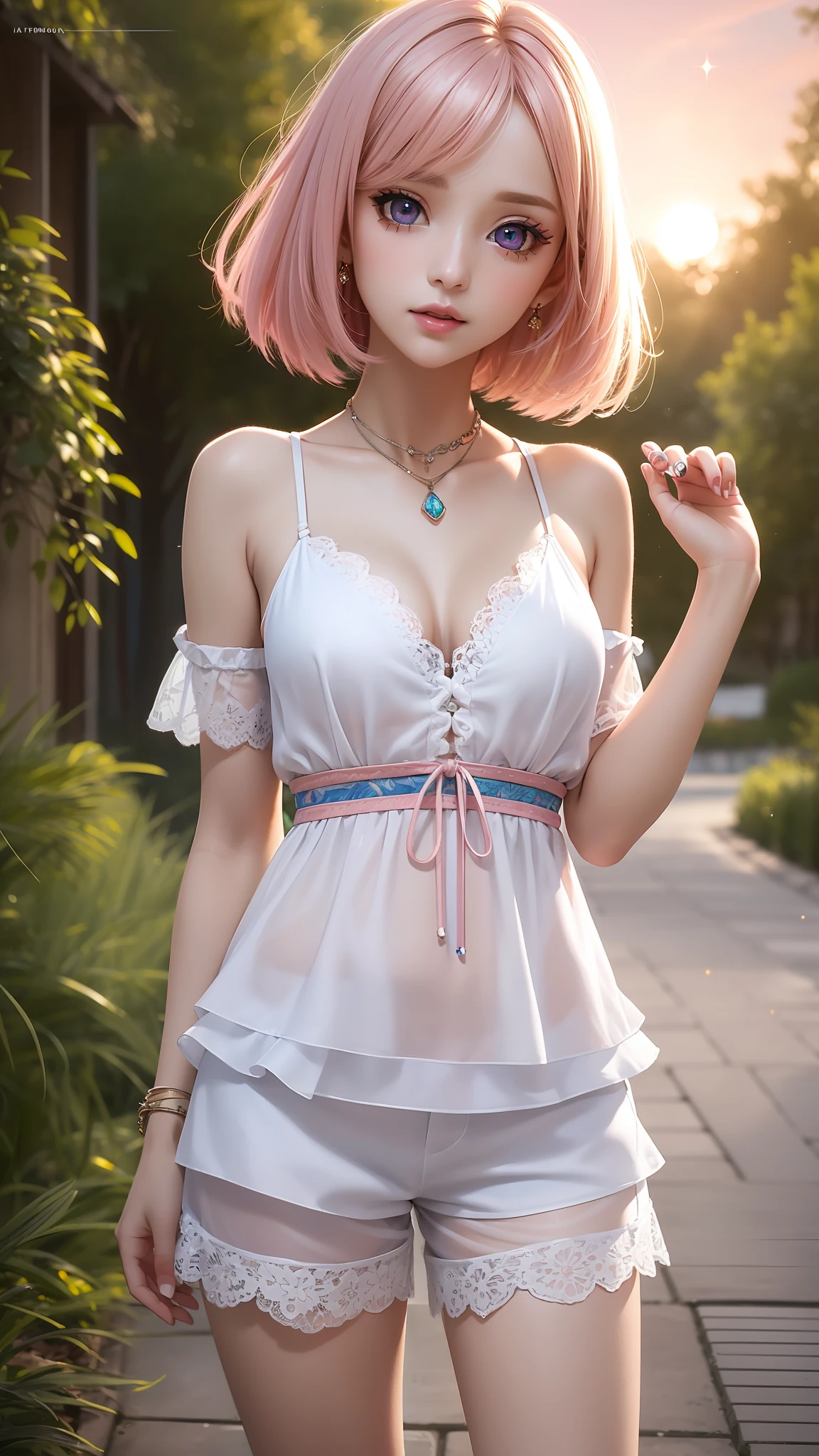 Realistic, Hyper Detail, Girls Only, (Layered Bob:1.3), Dynamic Lighting, ((Sensual pose)), (Glossy skin: 1.5), Masterpiece, Top Quality, Absurdity, Watching Viewer, (Blonde and Pink Hair), deep Purple Clear starry Eyes,((Beautiful, detailed eyes, jewel-like eyes, colorful eyes, sparkling eyes:1.3)), Slender, High Resolution, Sharp Focus, Depth of Field, Detail Eyes, Sharp Eyes, (Realistic Eyes)), outdoors, sunrise sky, (attractive delicate design river trimmed lace dress, (intricately patterned tops and short pants wearing): 1.3))