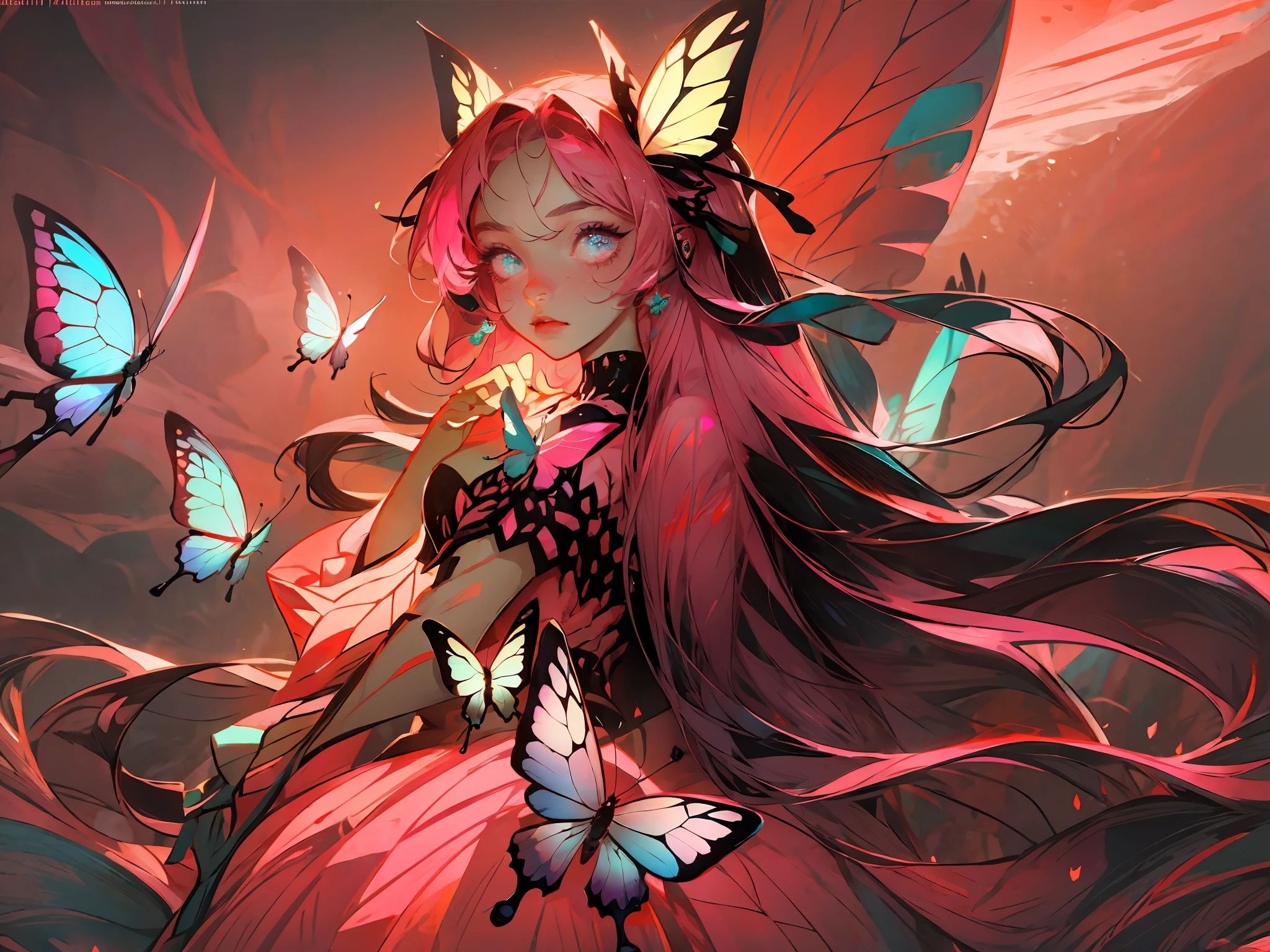 ((masterpiece)),(((best quality))),illustration,1 girl,long hair,hair on eyes, colorfull hair,beautiful eyes,environment Scene change, pose too, pink color palette, neon colors, female butterfly, butterfly antennae, holds a crosier, charturnbetalora, 8k,16k