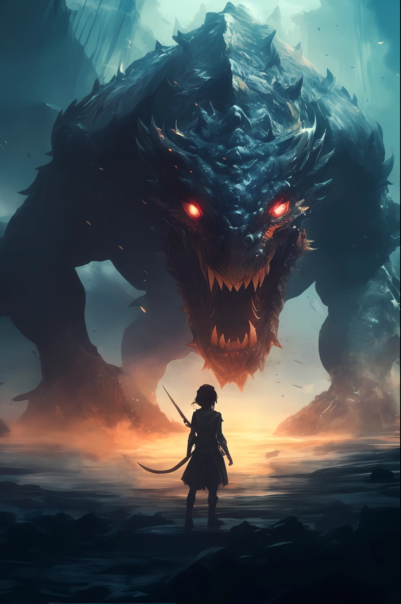 A woman stands in front of a giant monster with red eyes, epic fantasy novel cover art, battle with dragon, epic fantasy illustration, dragon in the background, epic fantasy art, Epic Fantasy Digital Art Style, Arte de fantasia 4k, colossal dragon in background, fighting a dragon, Epic fantasy art style, epic fantasy HD art style, i just saw a huge dragon