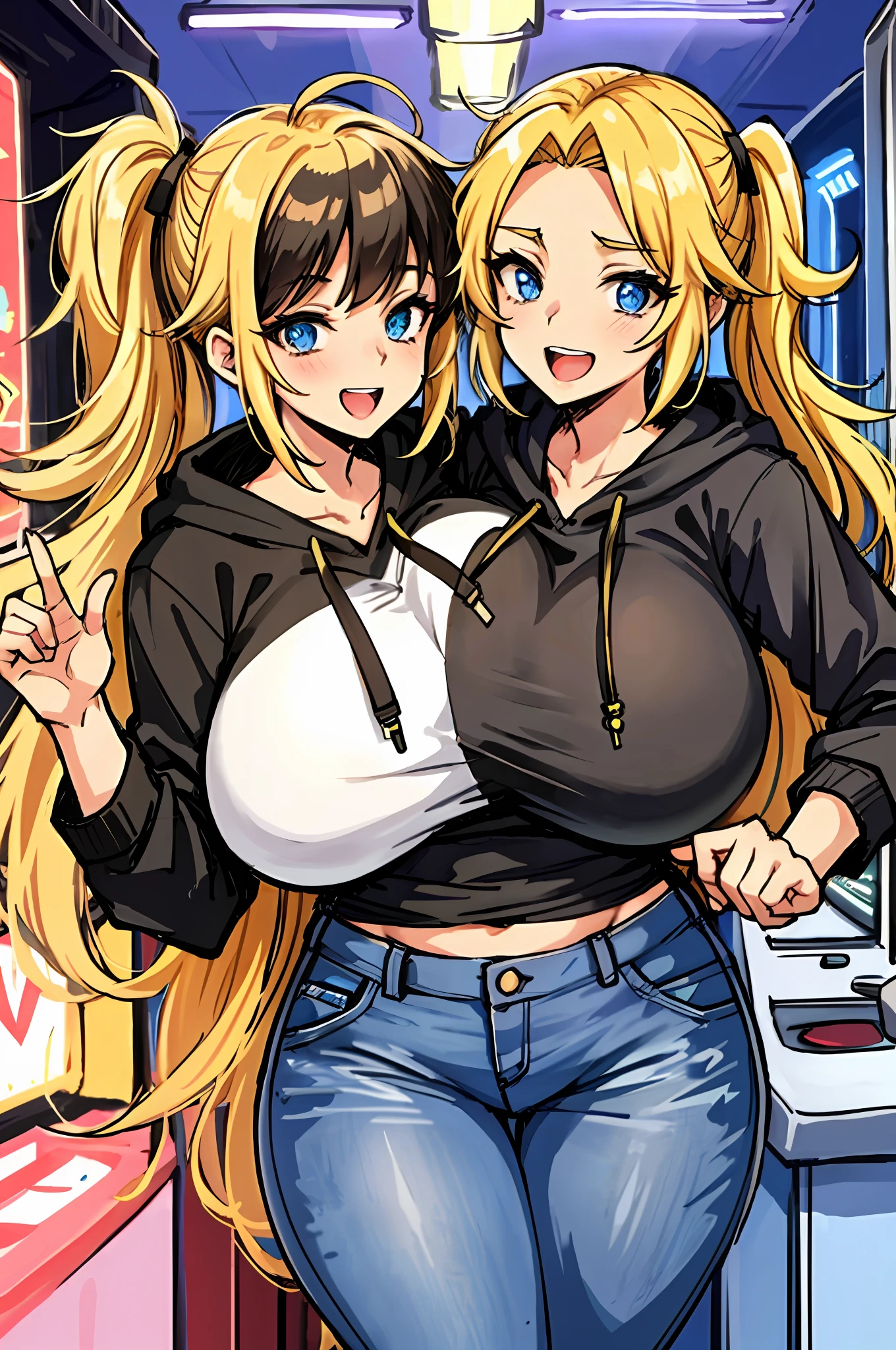 2heads, a short chubby woman with 2 heads. She has enormous breasts. She has messy hair. She looks nerdy. She is wearing a baggy hoodie and jeans. She is in an arcade that is only lit by arcade games. She looks excited. Her breasts are gigantic. 2 heads. Conjoined, two heads.