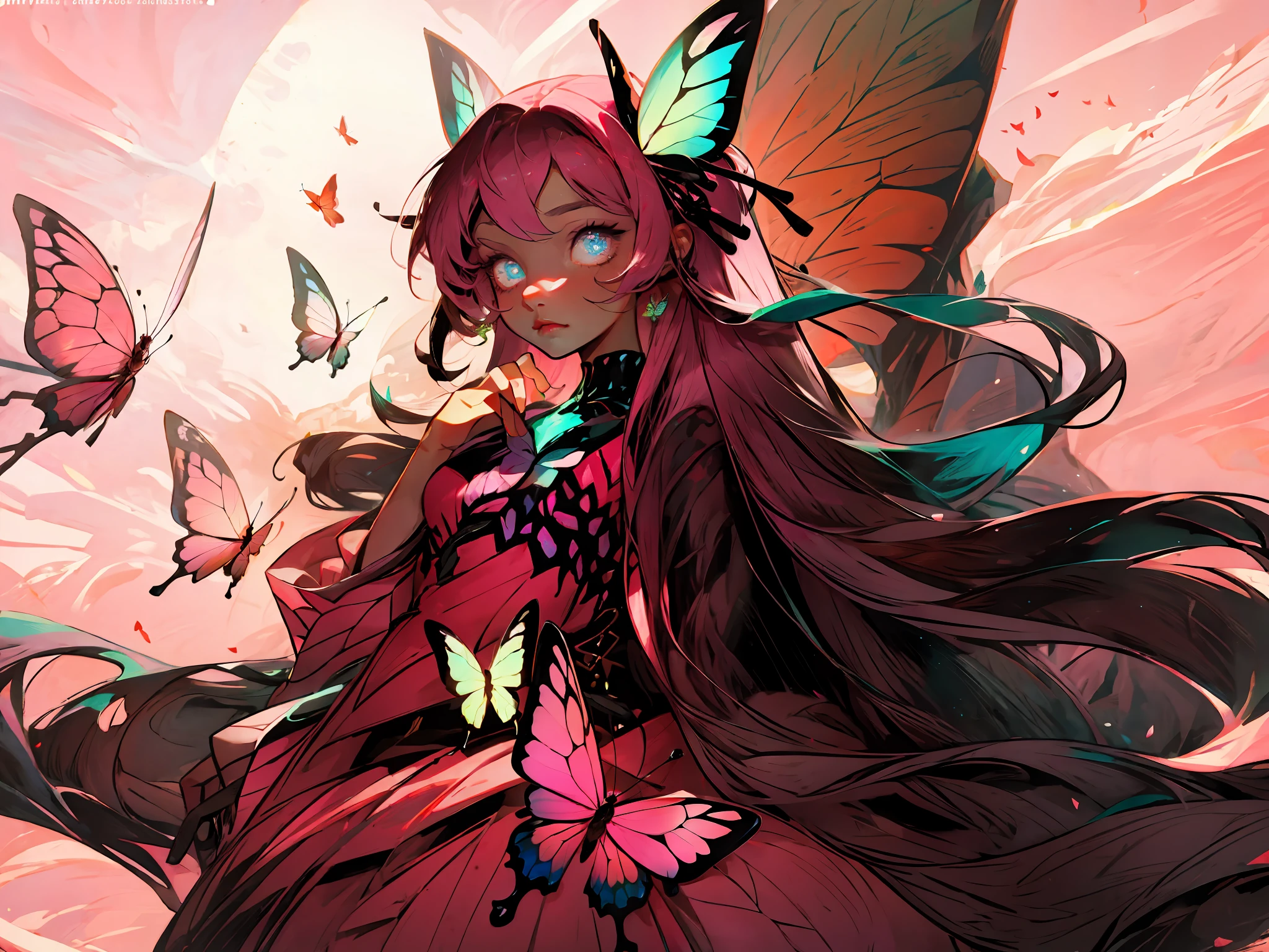 ((masterpiece)),(((best quality))),illustration,1 girl,long hair,hair on eyes, colorfull hair,beautiful eyes,environment Scene change, pose too, pink color palette, neon colors, female butterfly, butterfly antennae, holds a crosier, charturnbetalora, 8k,16k
