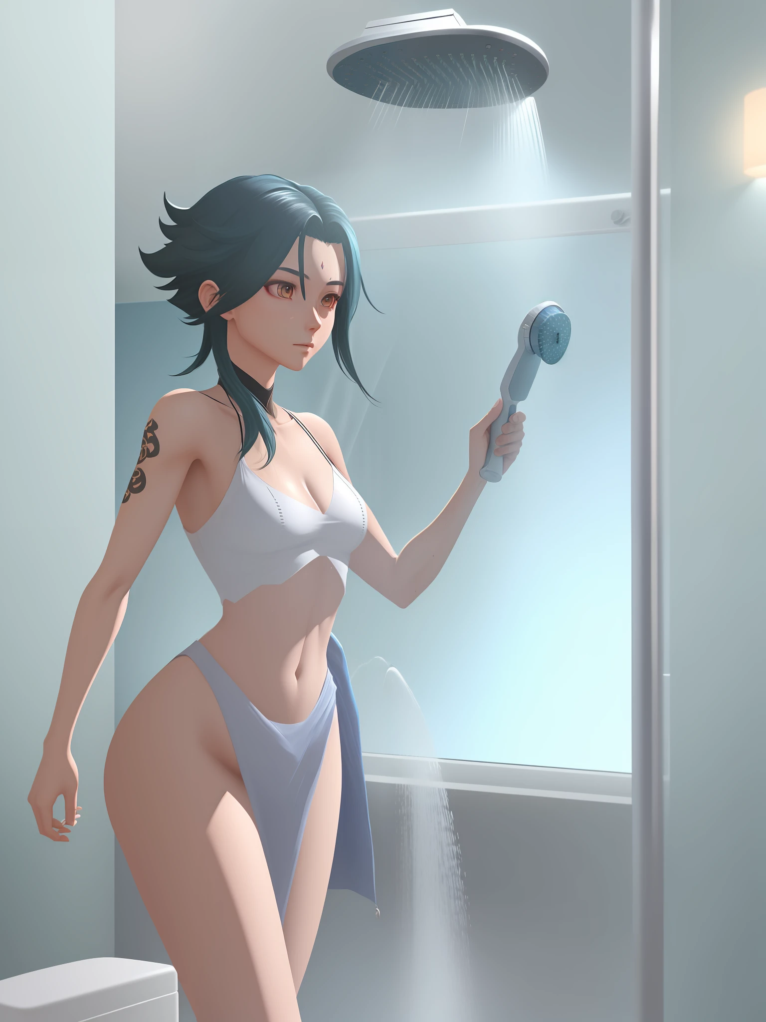 8K Ultra Clear ,rendering,Genshin character rays,Bathroom Undressing,taking a shower