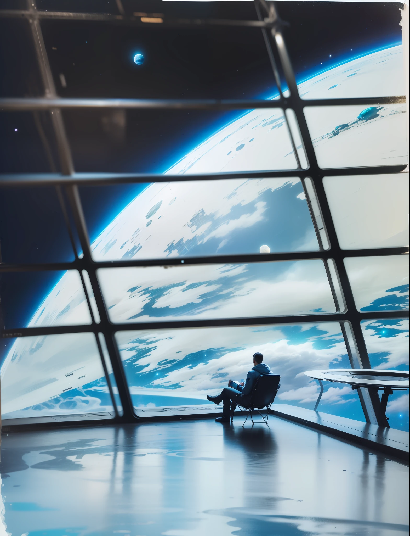 A man sitting in an interstellar spaceport，Wait to pick up your own interstellar flight spaceship。The Starliner spaceship is very magnificent，The ship's engines are emitting a blue glow。There is a smell of technology in the air，Everything is very modern。