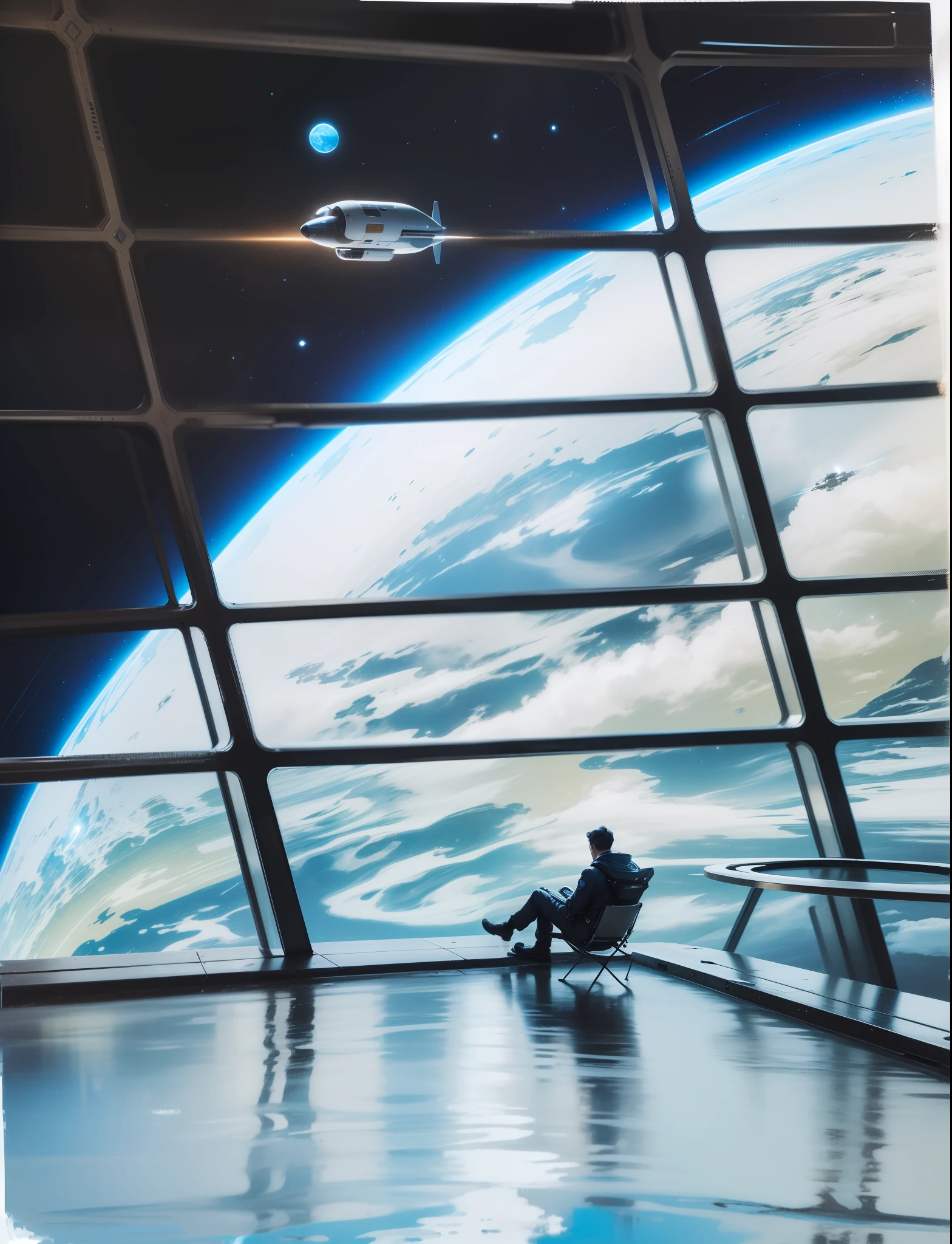 A man sitting in an interstellar spaceport,Wait to pick up your own interstellar flight spaceship。The Starliner spaceship is very magnificent,The ship's engines are emitting a blue glow。There is a smell of technology in the air,Everything is very modern。