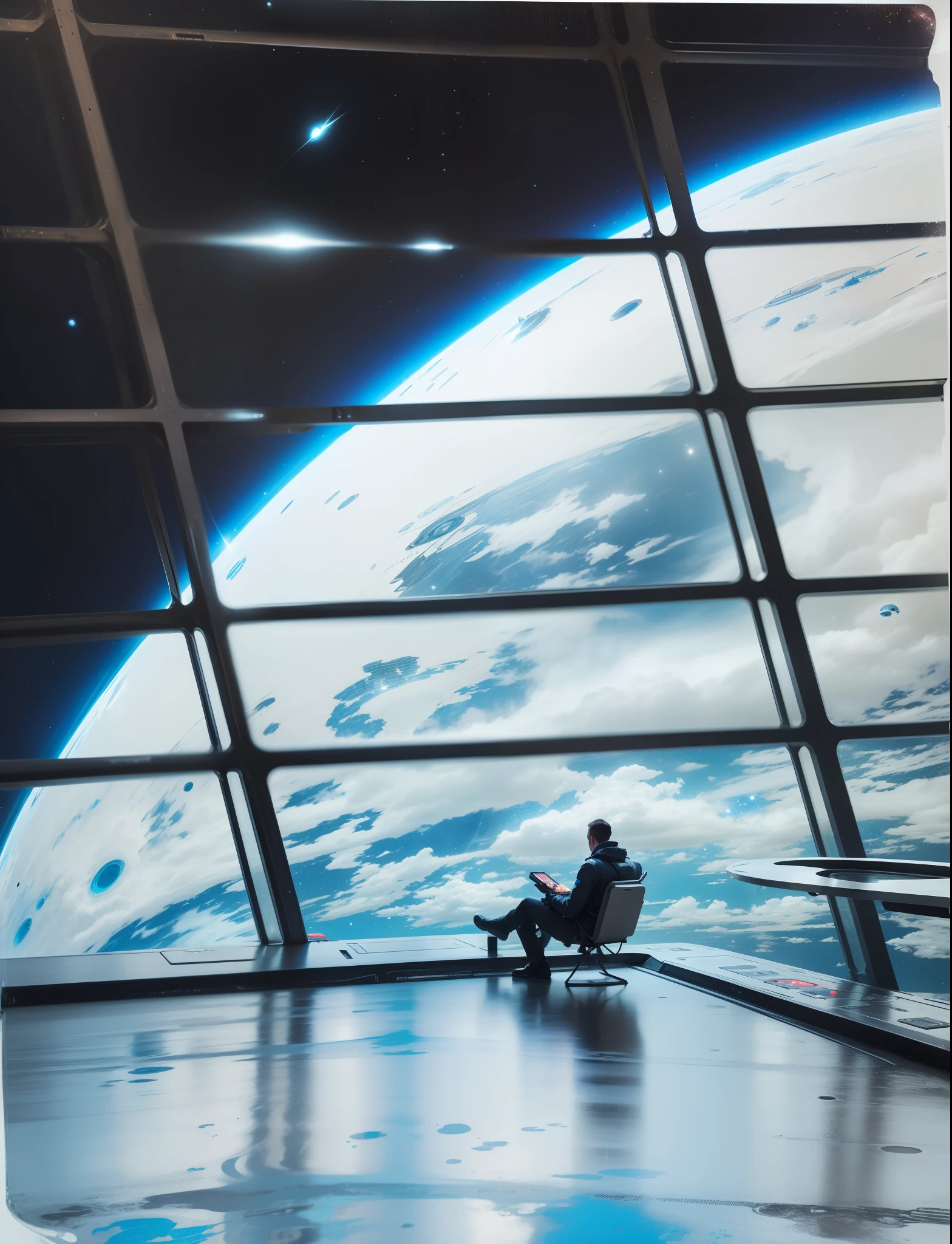A man sitting in an interstellar spaceport，Wait to pick up your own interstellar flight spaceship。The Starliner spaceship is very magnificent，The ship's engines are emitting a blue glow。There is a smell of technology in the air，Everything is very modern。