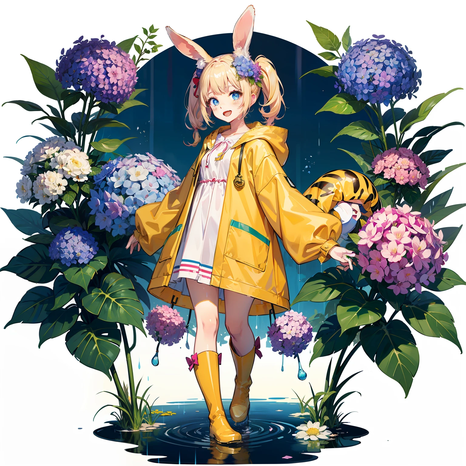 1girl, rainbow, raincoat, yellow raincoat, rubber boots, hydrangea, flower, long hair, twintails, boots, blush, open mouth, hair ornament, white background, hood, solo, teruterubouzu, very long hair, hood up, long sleeves, low twintails, bow, bangs, smile, animal hood, blue eyes, rabbit, puddle, full body, :d, snail, yellow footwear, simple background, pink flower, standing, food-themed hair ornament, hair bow, animal ears, blonde hair, hair flower, rain, animal