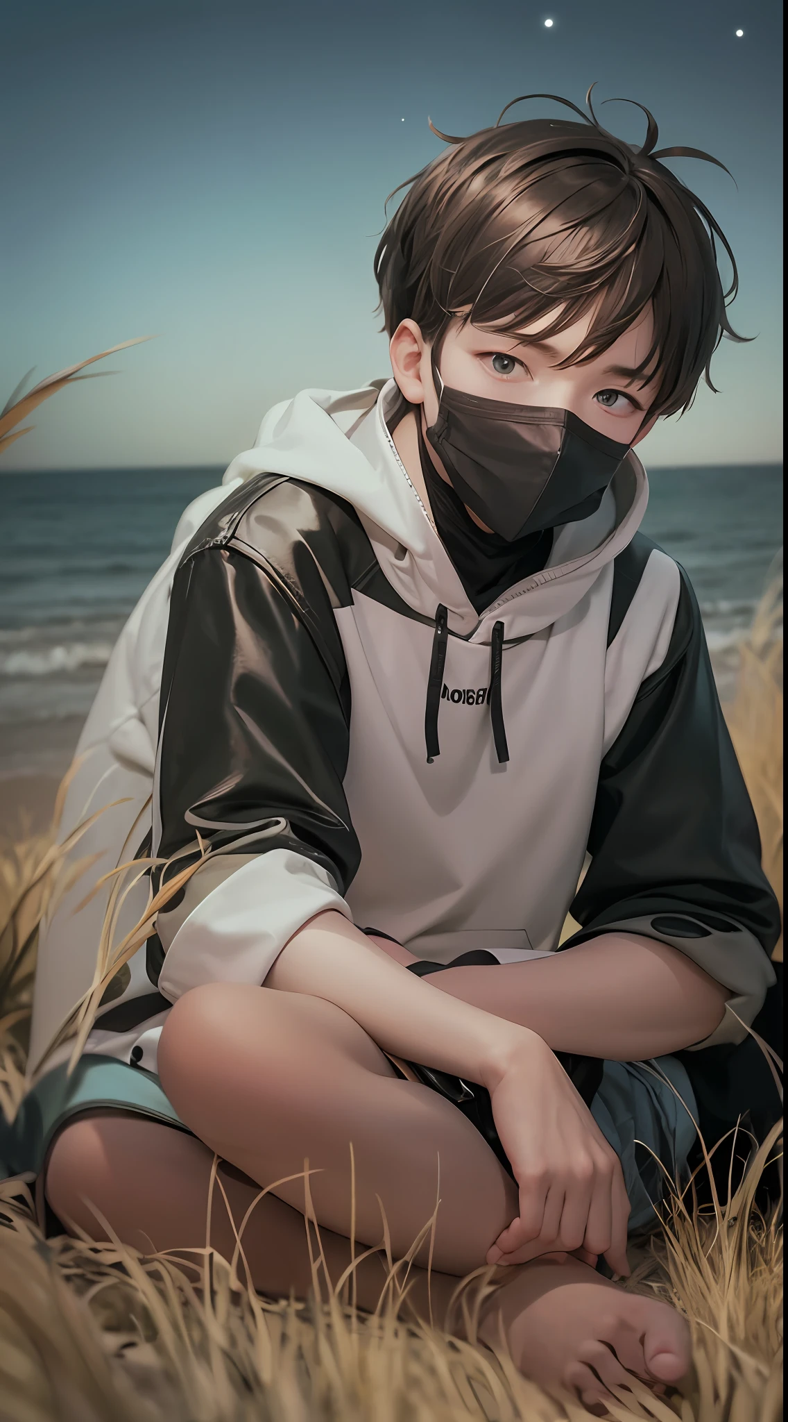 anonymous, secret people, dark colors, boy, covered mouth, lonely , beach, night, sitting on the grasses, looking to sea, no light, messy hairs, bored man, wears black clothes --auto --s2