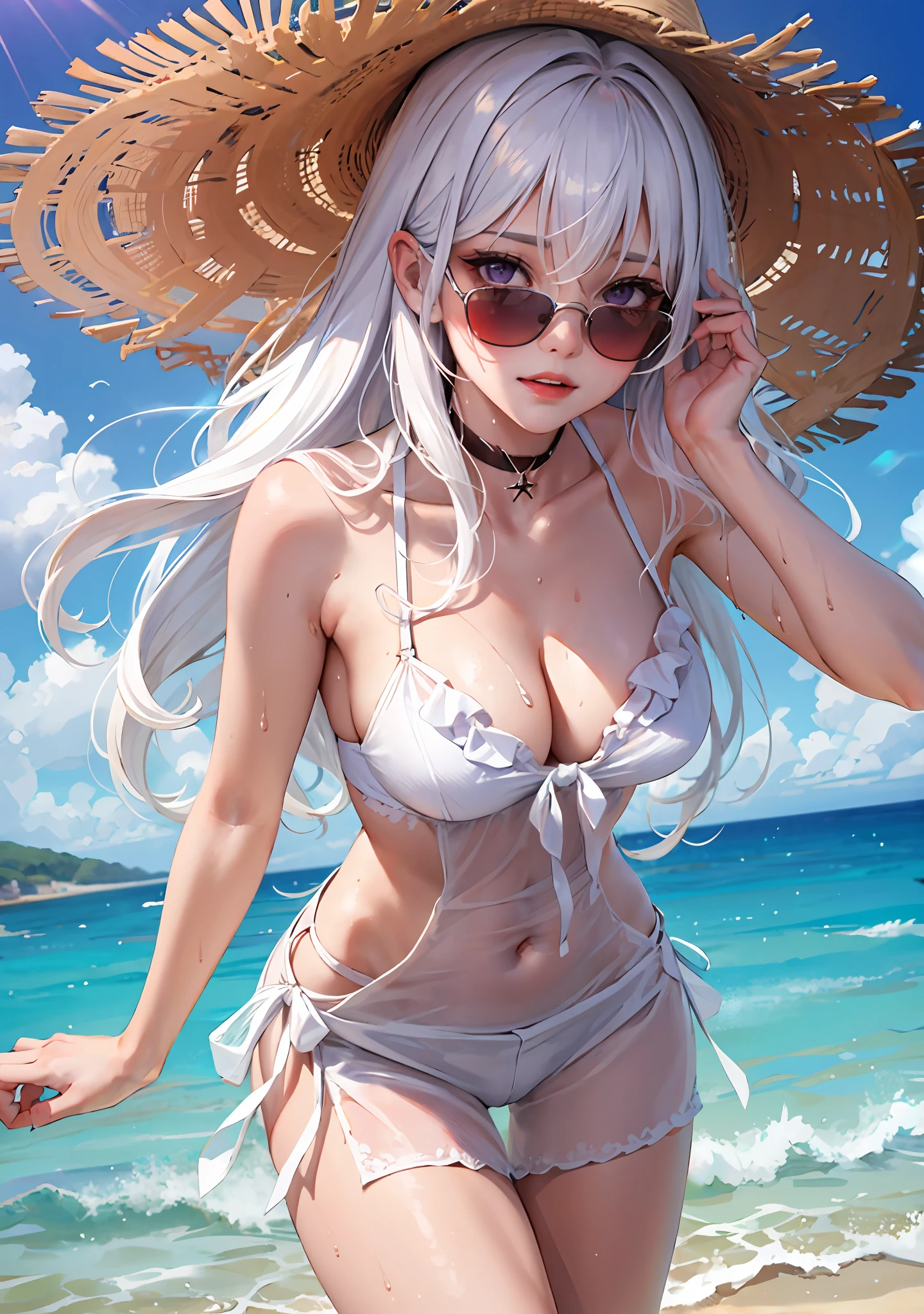 1girl, white hair, long curly hair, purple eyes, average breasts, sundress, wet, see through, floppy sun hat, coloured sunglasses, blush, glow, thighs, bare shoulders, collarbone, narrow waist, cleavage, (masterpiece), seaside beach, sea breeze,