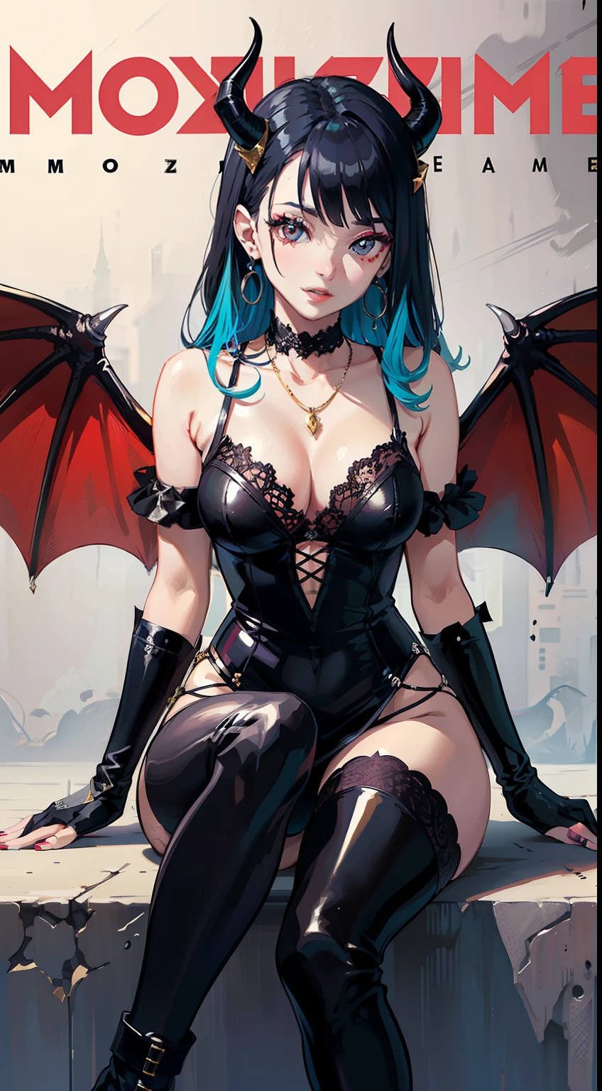 (masterpiece:1.4, best quality:1.4), illustrations, (group:1.5), (original), (very detailed wallpaper), photographic reality, (ultra detailed:1.4), (super-complex detail), multiple characters, (cosplay:1.5), demon-themed, (fashion magazine cover), (dynamic poses:1.2), (red|black hair), (demonic horns:1.3), (captivating gaze:1.1), (sultry smiles:1.2), (costume variations:1.4), (tattered|elaborate:1.1) clothing, (leather|lace:1.3) fabrics, (vibrant colors:1.4), (silver|gold:1.2) accents, (intricate patterns:1.3), (bat|dragon:1.2) wings, (tail accessories:1.1), (chokers|necklaces:1.1), (oversized|delicate:1.2) earrings, (fashion-forward:1.5) footwear, (knee-high boots|stiletto heels:1.0), (fitted gloves|armbands:1.0), (demon-inspired:1.3) makeup, (bold|expressive:1.2) hairstyles, (catchy headlines:1.5), (magazine title:1.3), (modern|trendy:1.4) style, (fashion|lifestyle:1.1) focus, (attention-grabbing:1.2) text, (dynamic|colorful:1.1) background.