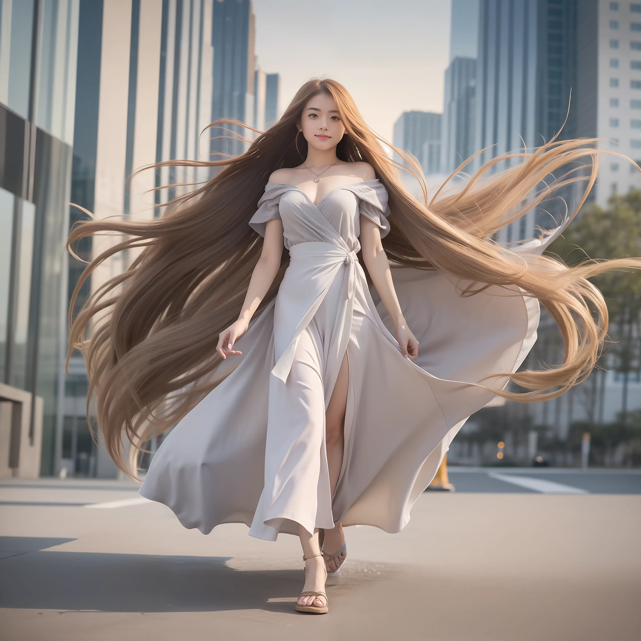 "(Best picture quality、A masterpice), white backgrounid, Ultra-thin paper，Sparkling, Beautiful and tasteful, The wind blew for a long time，ssmile, curly blond hair, Vivid and stunning，Scottish maxi dress，Greater wind，The wind blows hair，Floating hair，Static clothes，Short sleeved bodice，extra very long hair，12 meters long hair，Hair grows to the floor，Correct limbs，fully body photo，standing on your feet，white short sleeve，Cross your hands at your waist，"