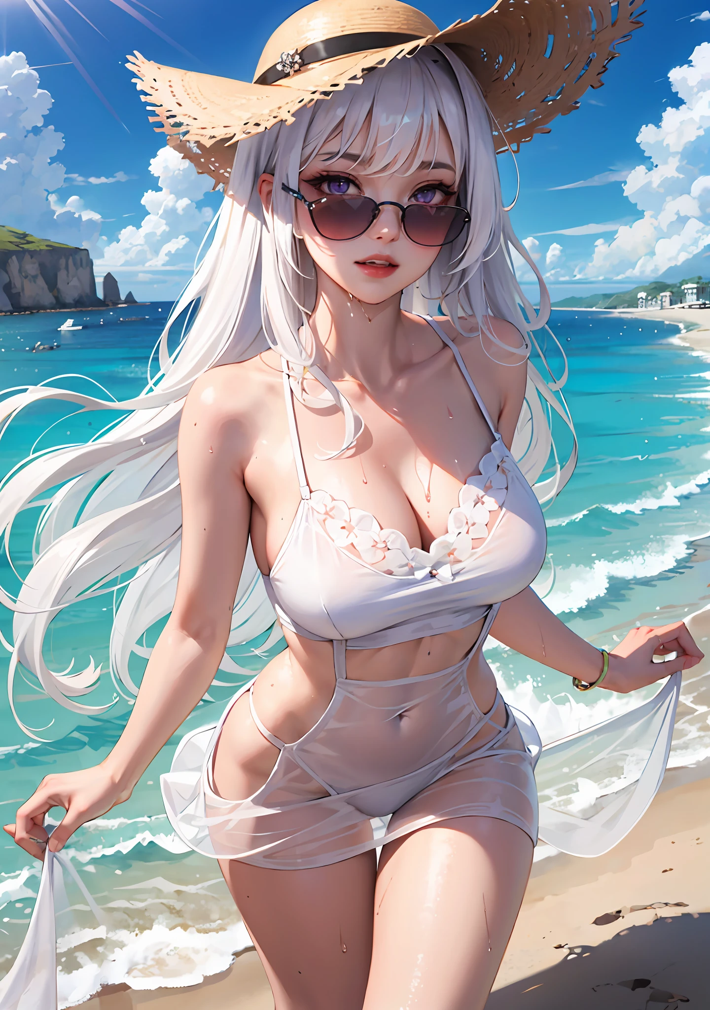 1girl, white hair, long curly hair, purple eyes, average breasts, sundress, wet, see through, floppy sun hat, coloured sunglasses, blush, glow, thighs, bare shoulders, collarbone, narrow waist, cleavage, (masterpiece), seaside beach, sea breeze,