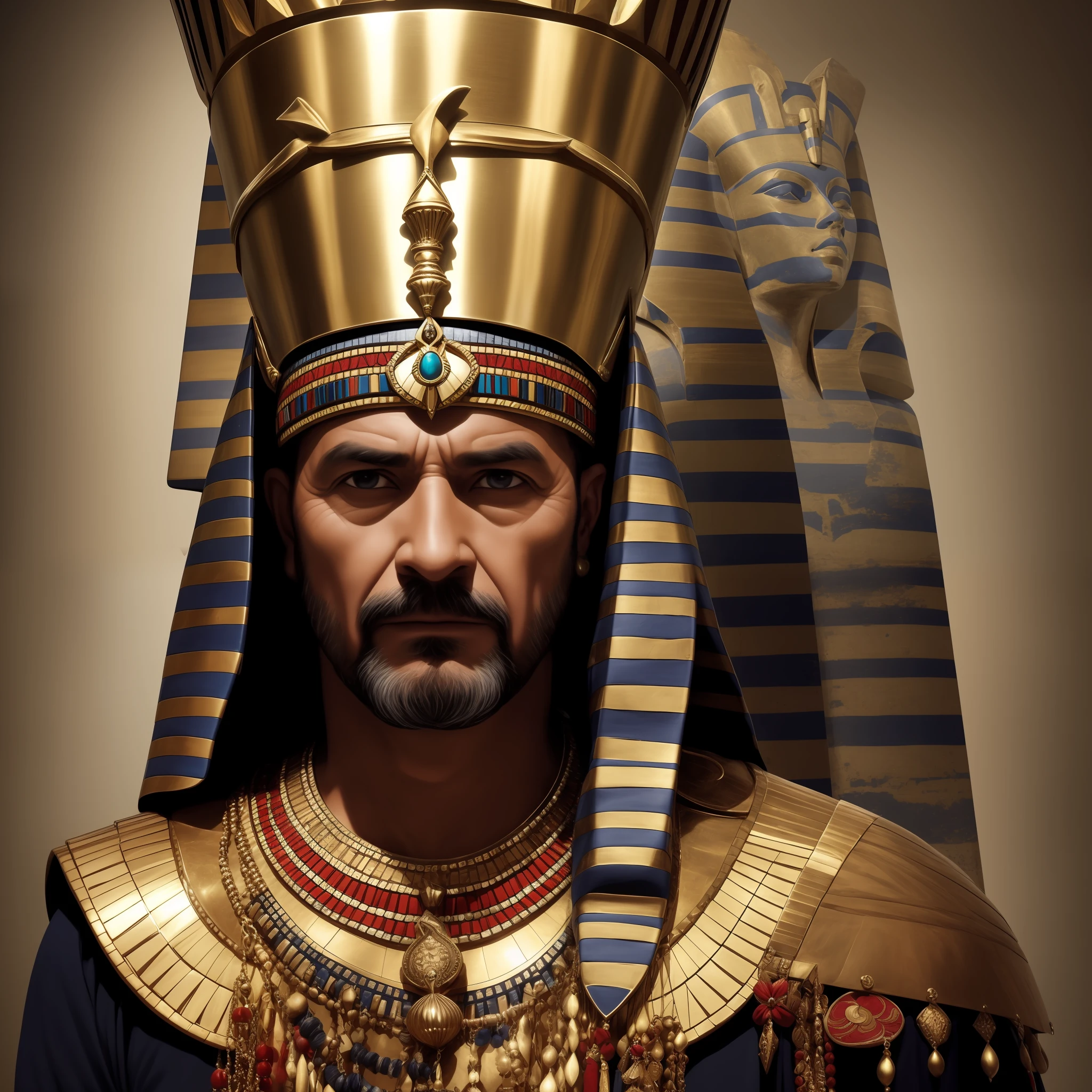 Middle-aged man with pharaoh's headdress, father of Cleopatra, imagem hiperrealista --auto