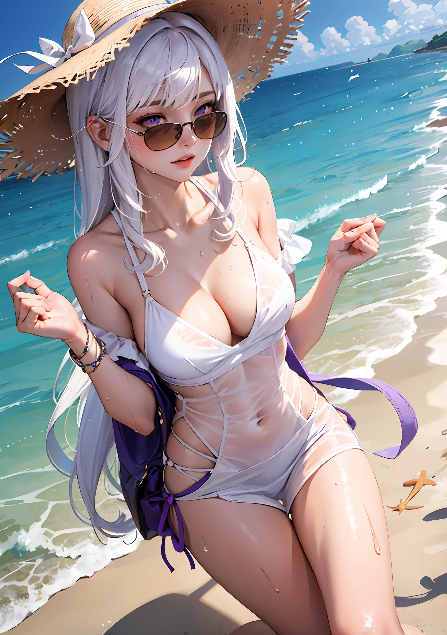 1girl, white hair, long curly hair, purple eyes, average breasts, sundress, wet, see through, floppy sun hat, coloured sunglasses, blush, glow, thighs, bare shoulders, collarbone, narrow waist, cleavage, (masterpiece), seaside beach, sea breeze,
