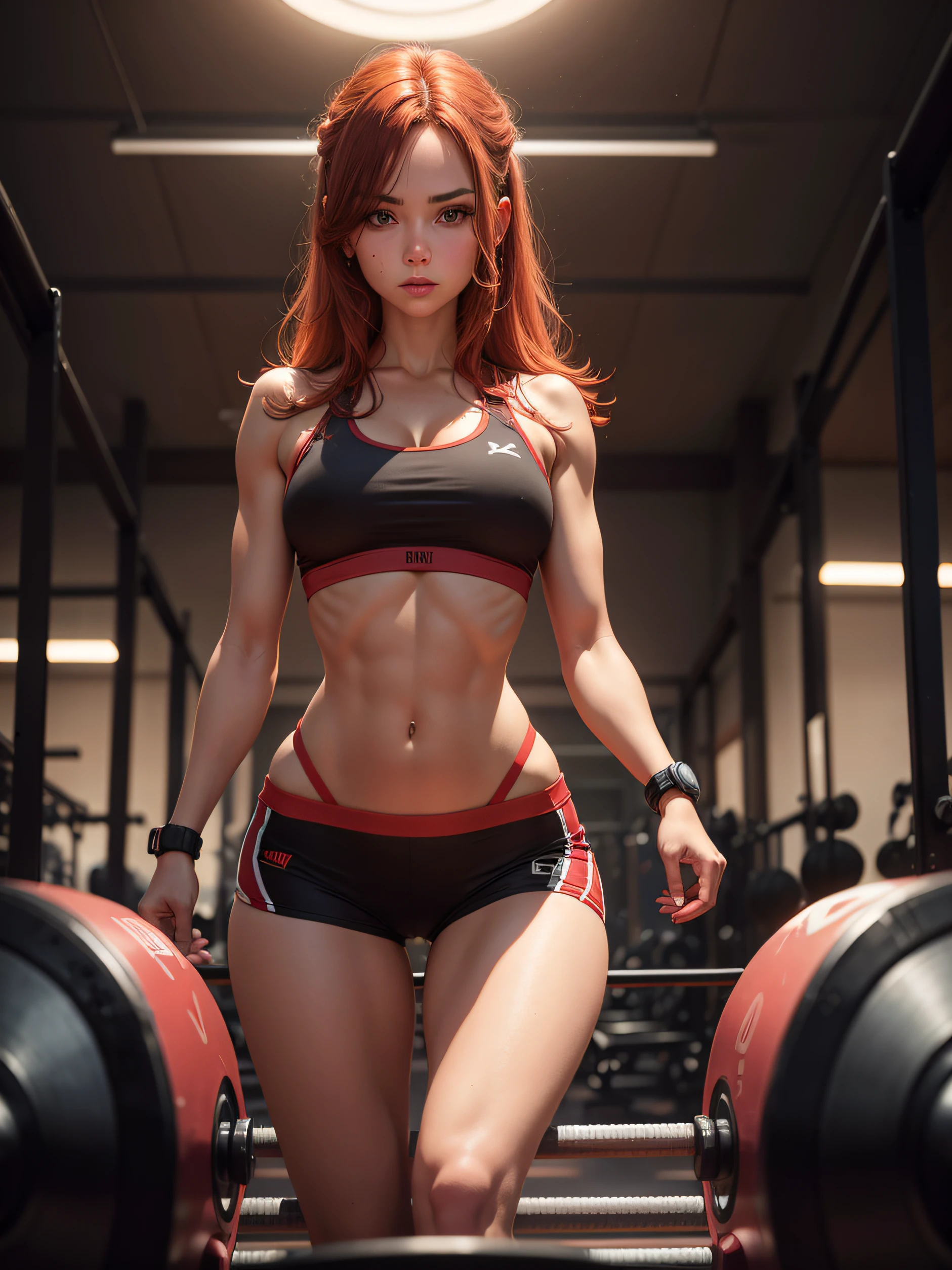 Caucasian woman in the gym, hermosa figura ,cabello despeinado, Pelo rojo, natural, realista, en gimnasio, Trazos detallados, 4 colores, Color de fondo negro, cuerpo completo, FUENTE+Luz de fondo, In the background weights and exercise machines